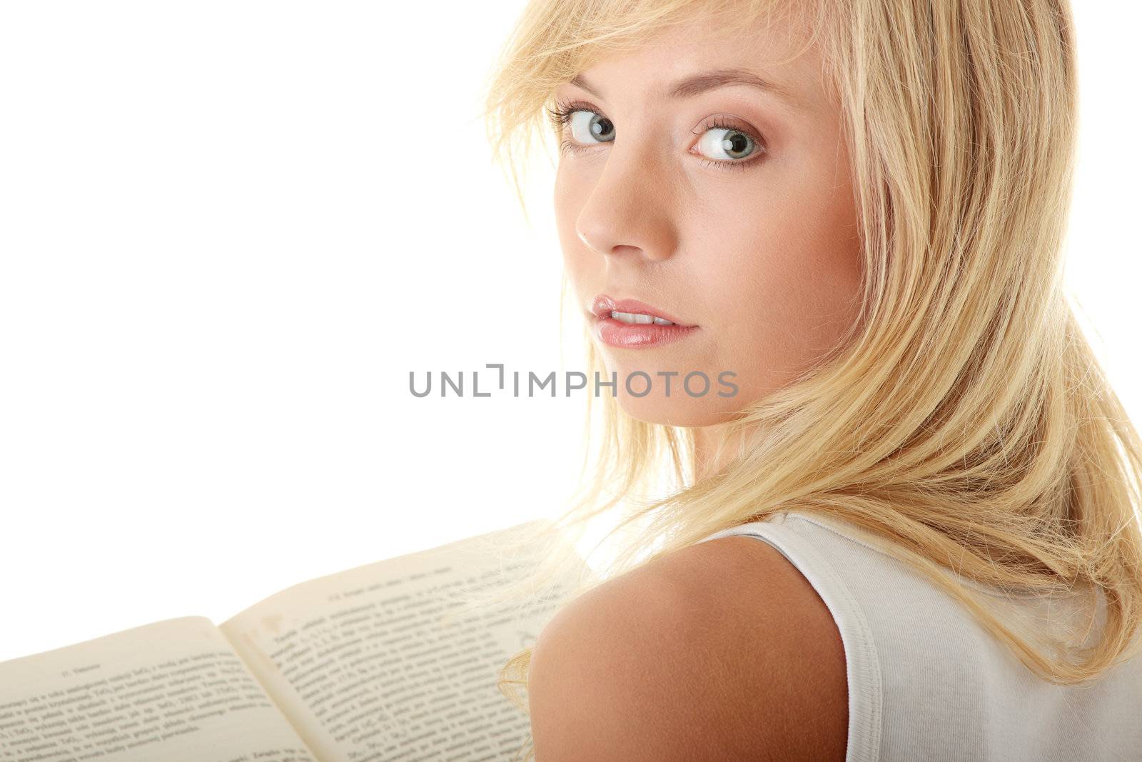 Teen woman reading book , isolated on white background