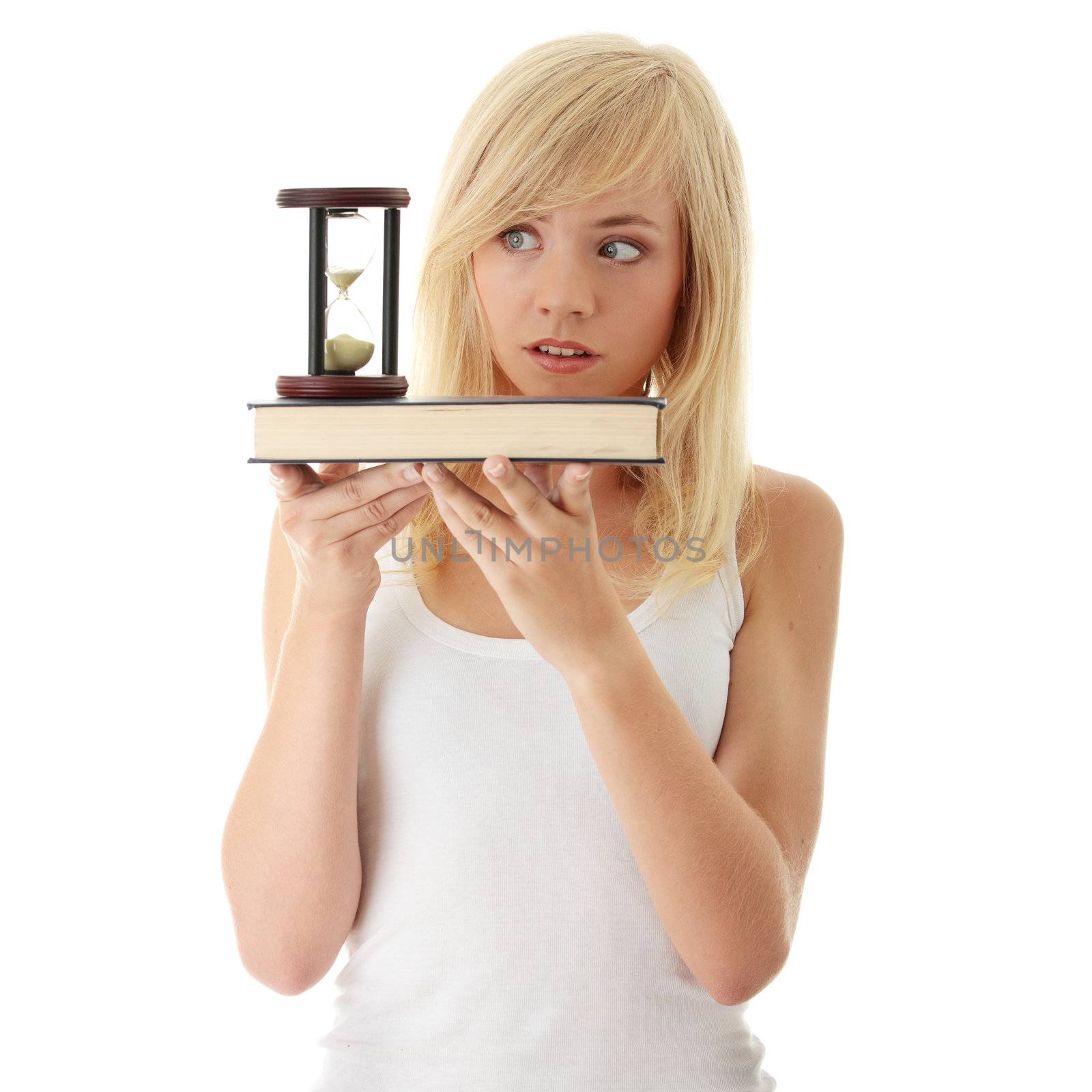 Don't have time to learn - teenager with book and hourglass