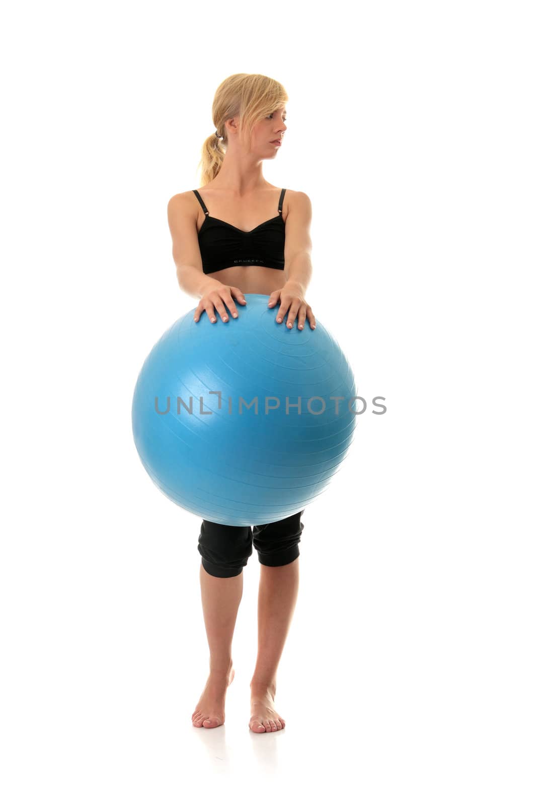 Young woman doing exercise, isolated on white