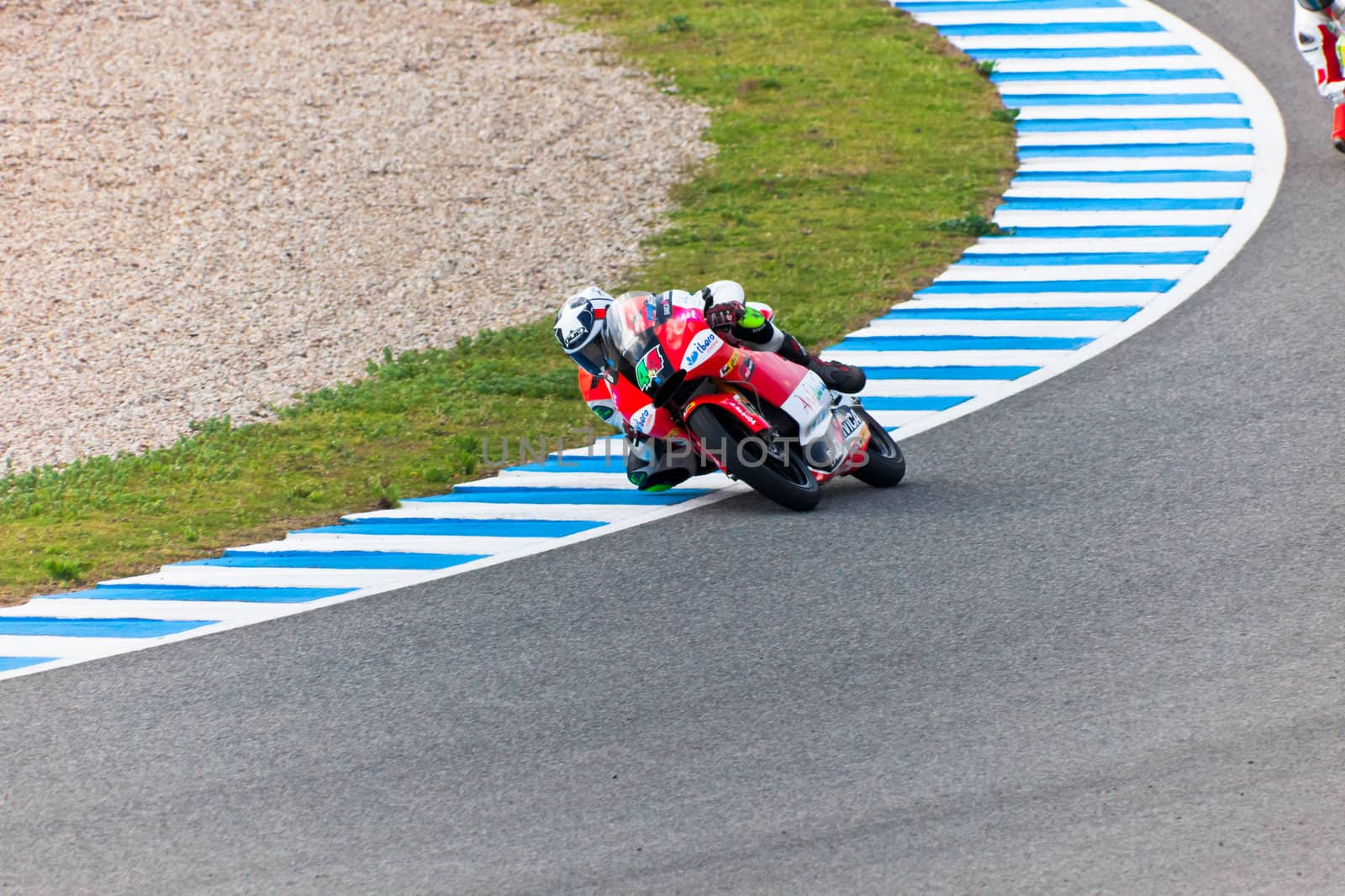 JEREZ DE LA FRONTERA, SPAIN - MAR 5: Moto2 motorcyclist Miguel Oliveira takes a curve in the MotoGP Official Trainnig on Mar 5, 2011 in Jerez de la Frontera, Spain