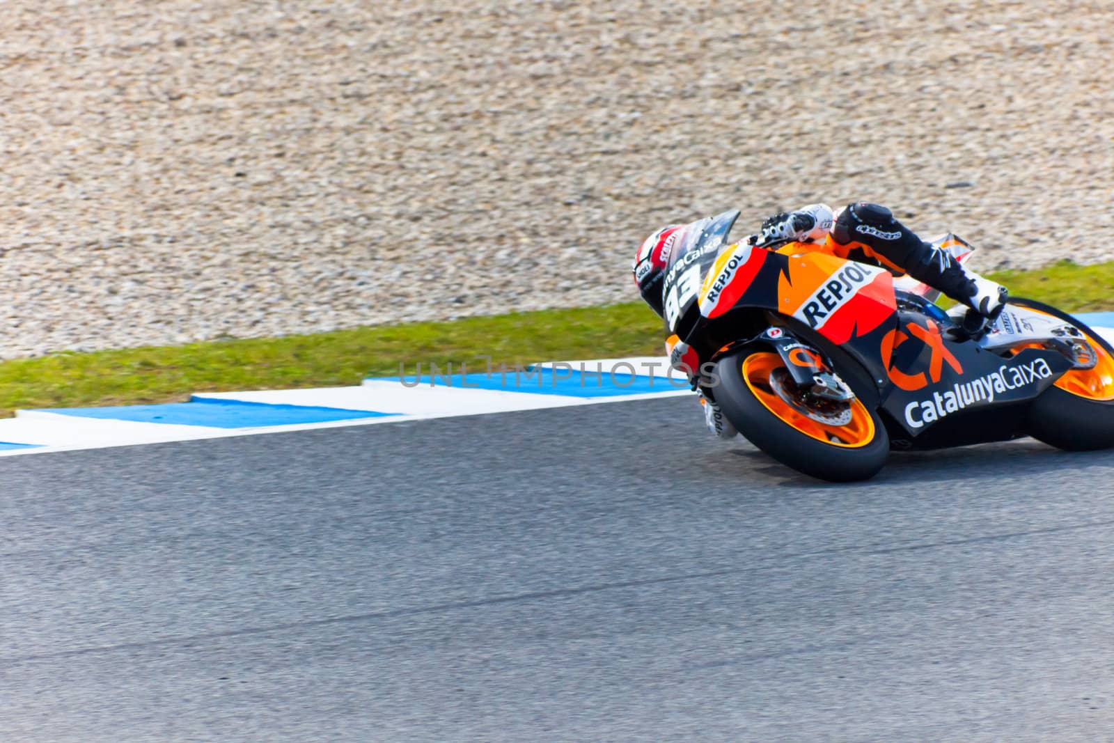 JEREZ DE LA FRONTERA, SPAIN - MAR 5: Moto2 motorcyclist Marc Marquez takes a curve in the MotoGP Official Trainnig on Mar 5, 2011 in Jerez de la Frontera, Spain