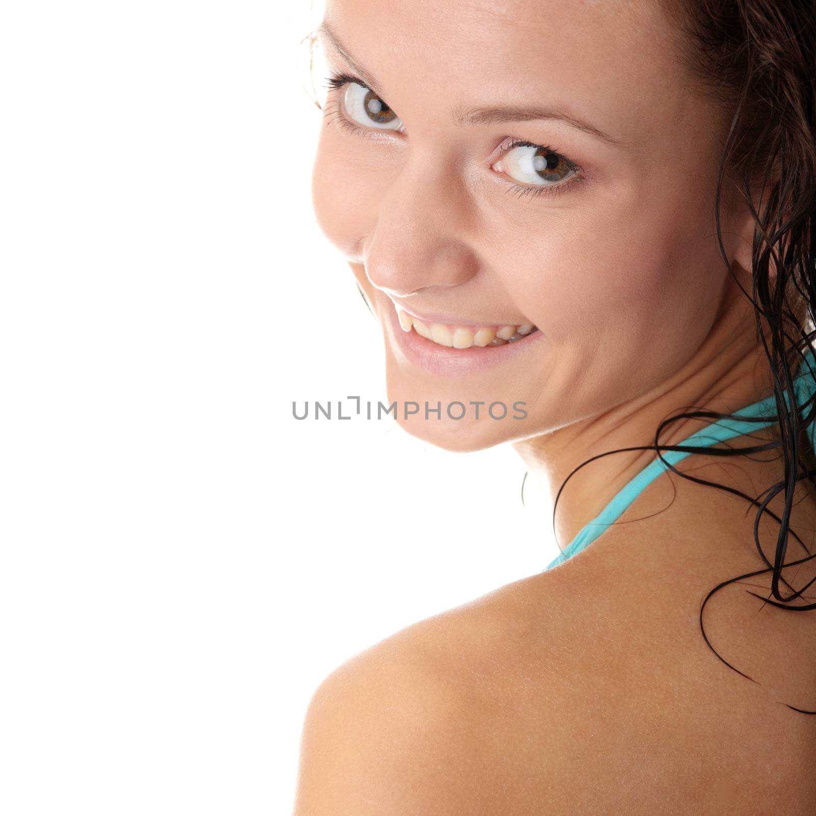 Young wet woman in blue bikini by BDS