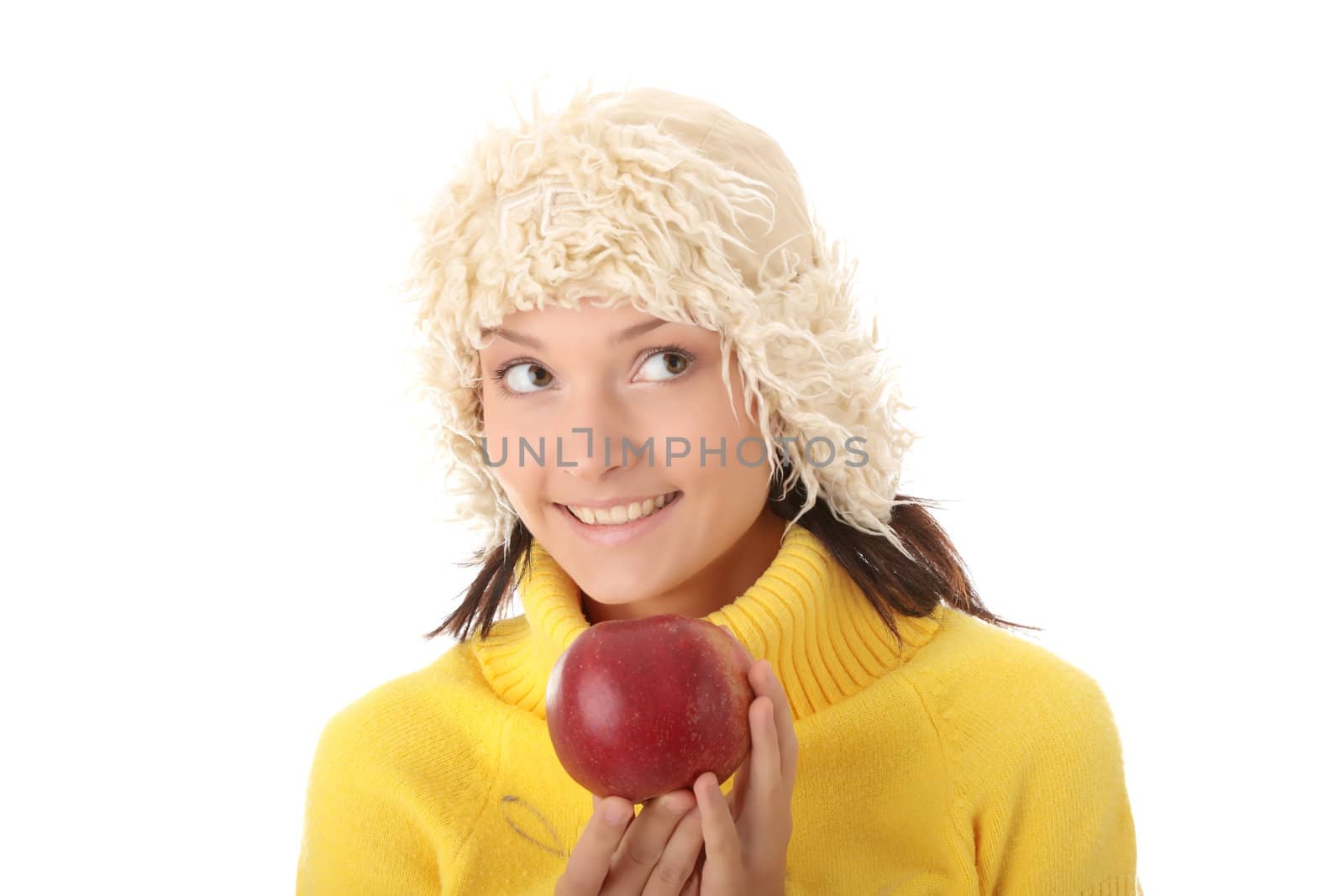 Autumn teen woman with red apple isolated on white background