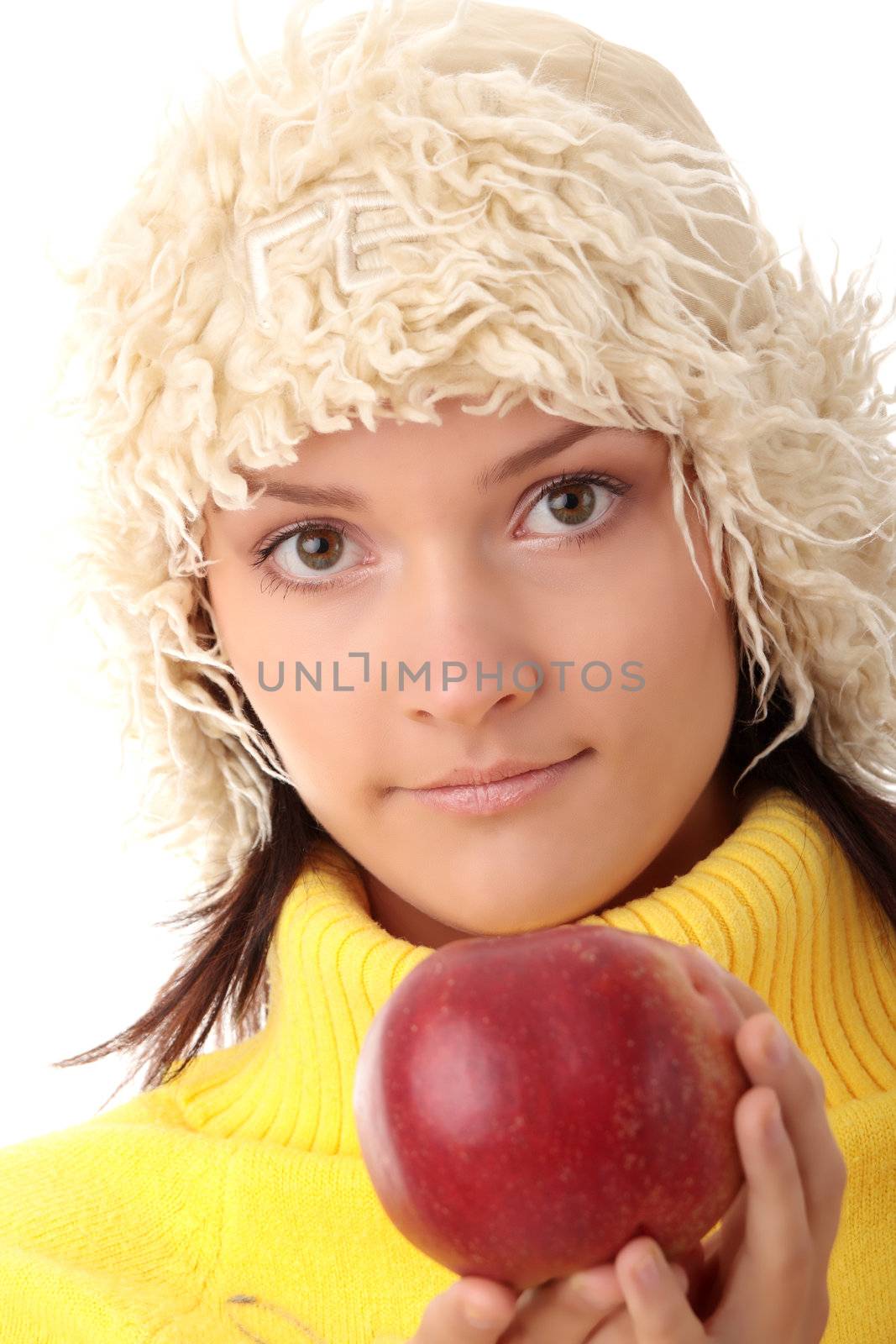 Autumn teen woman with red apple isolated on white background