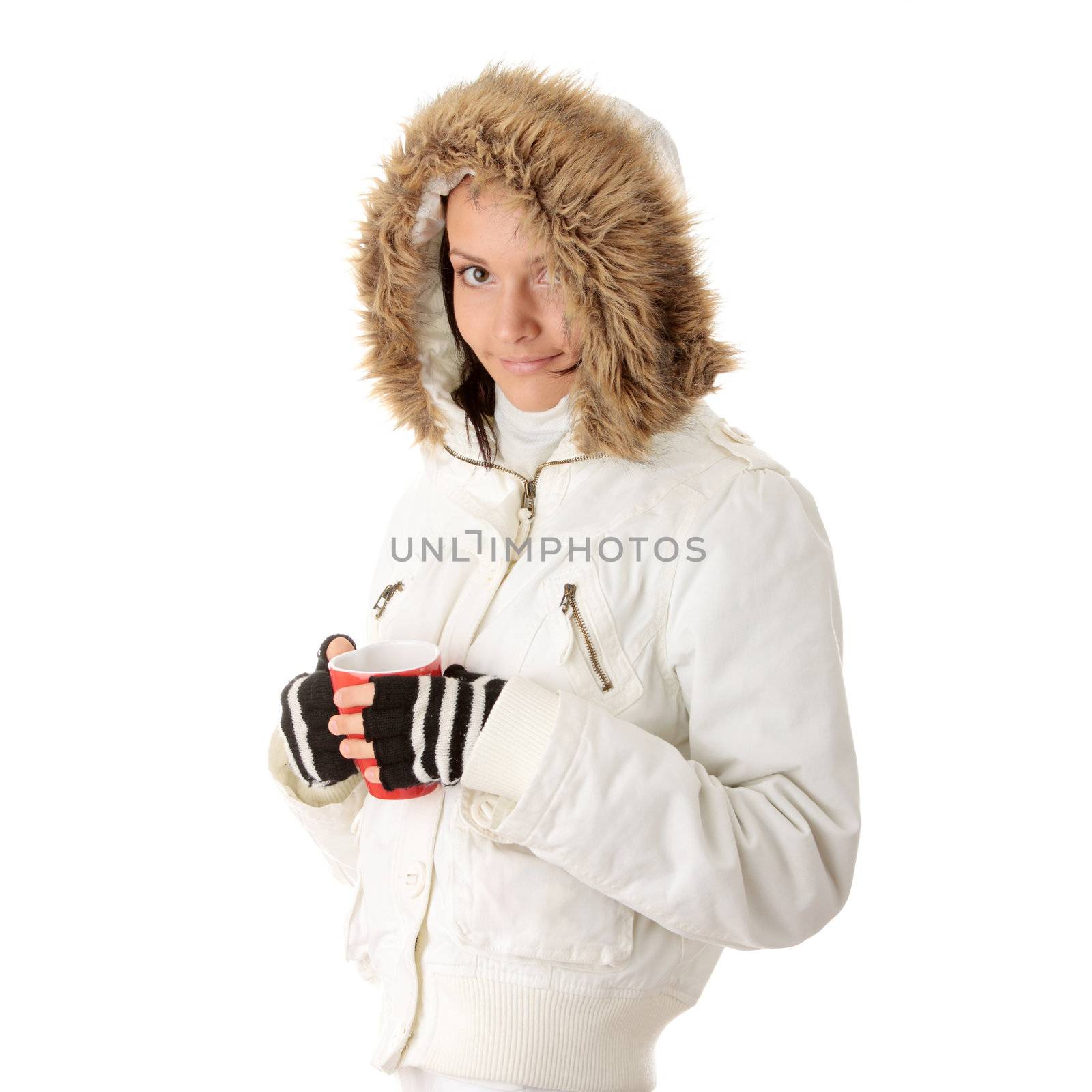 Teen winter girl with heart shaped red cup of hot drink (tea,coffee or milk)