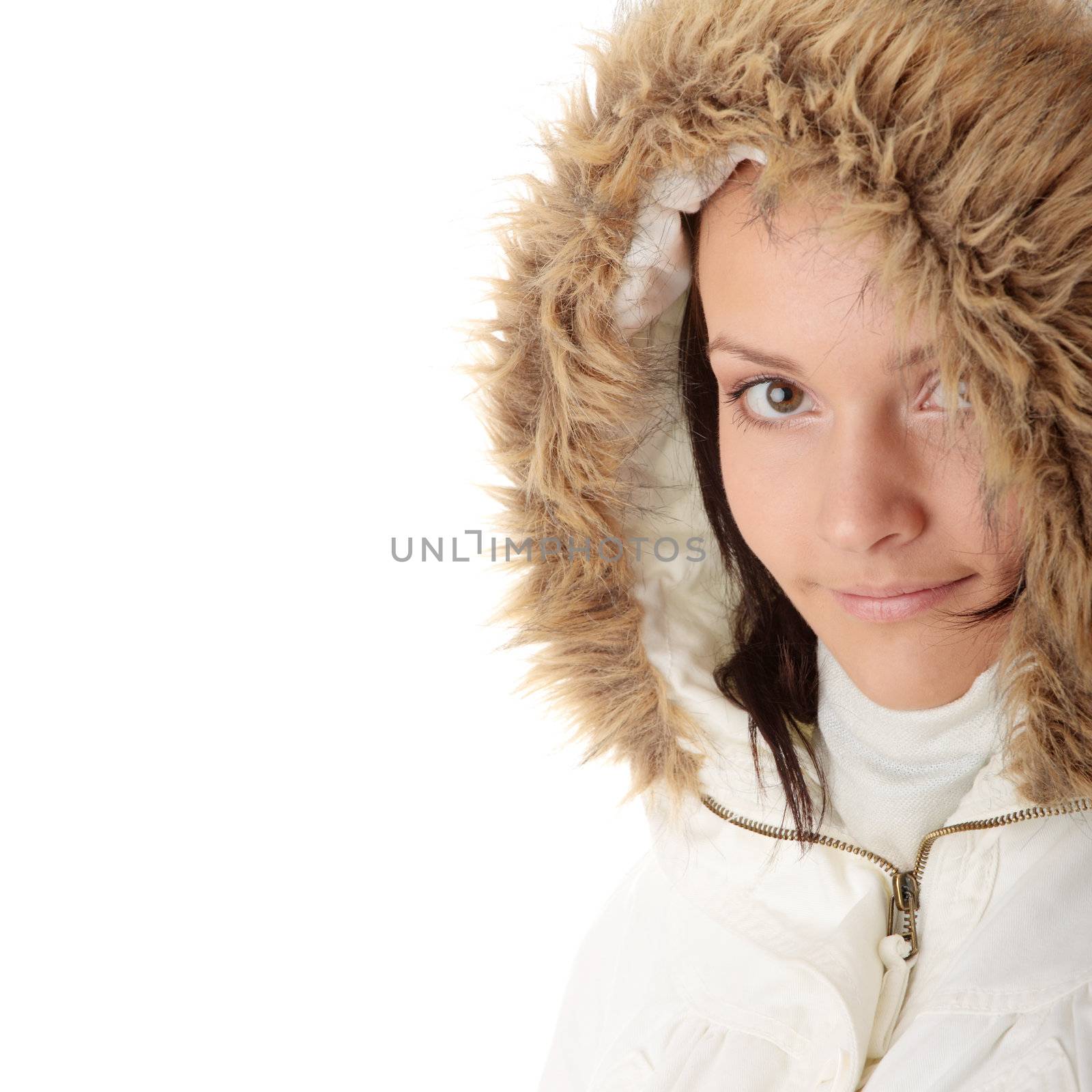 Teen woman in winter jacket with fur around her face