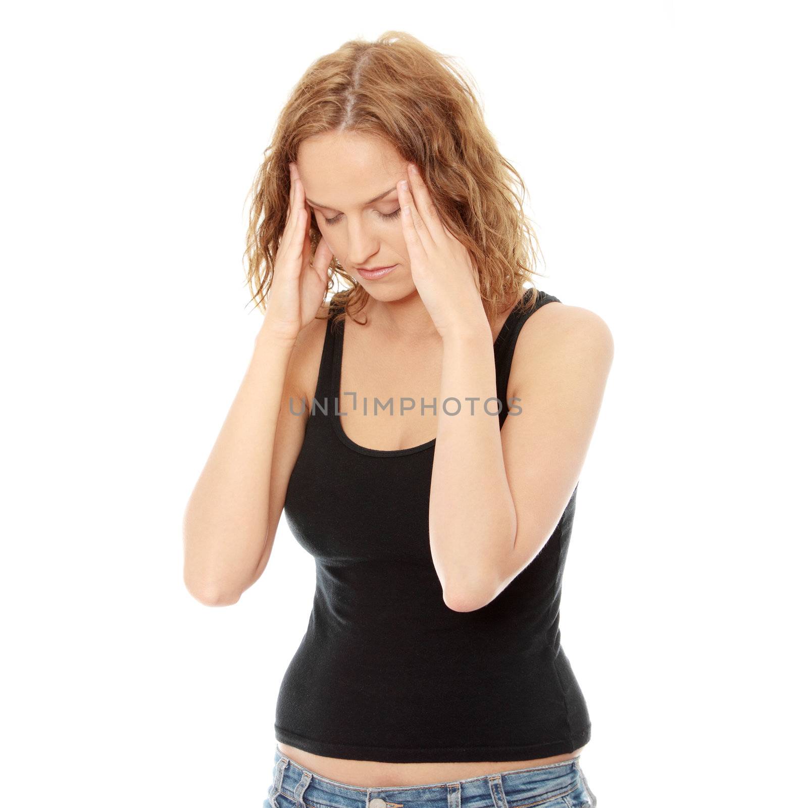 Woman with headache holding her hand to the head, isolated on white