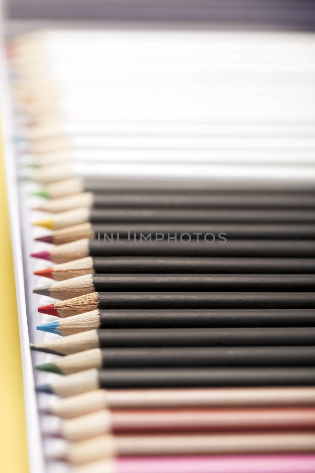 Case of color pencils with shallow depth of field.