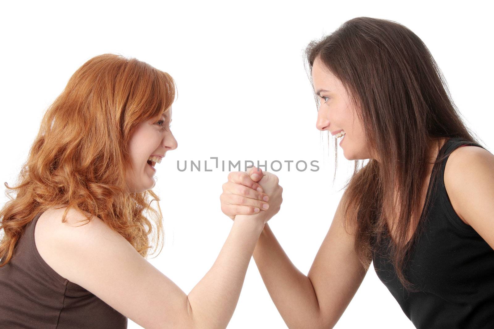 Two womans hands fight, isolated on white background