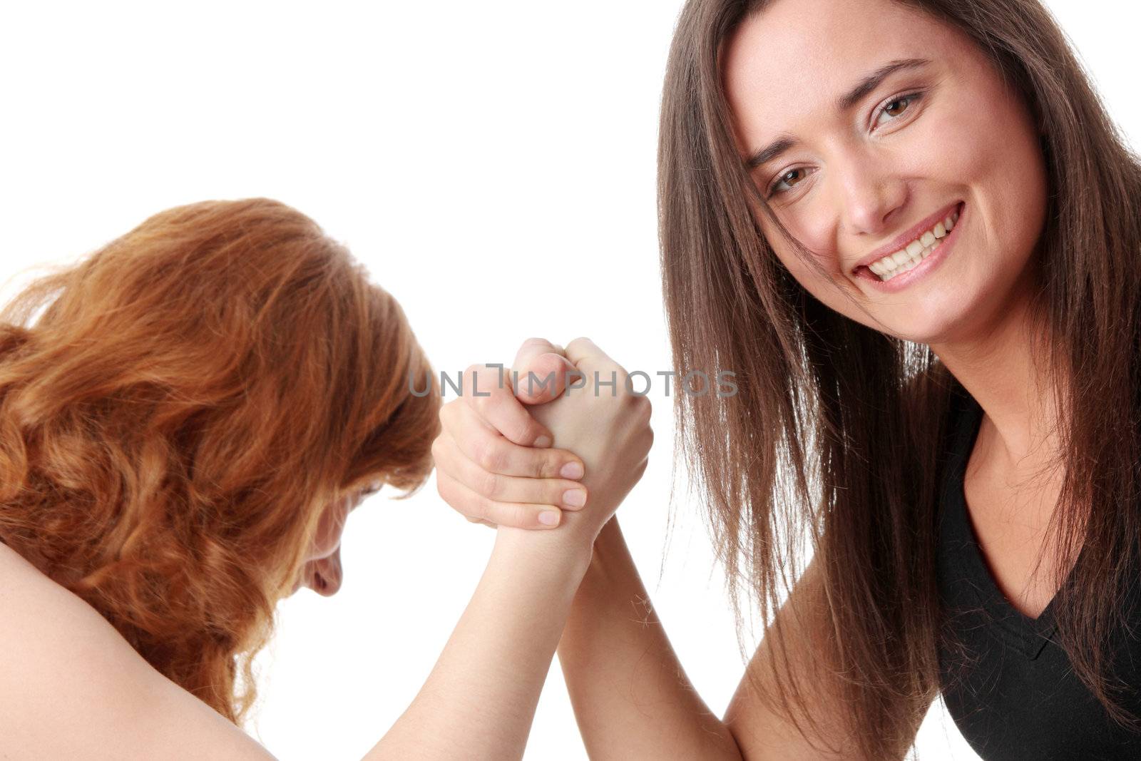 Two womans hands fight, isolated on white background