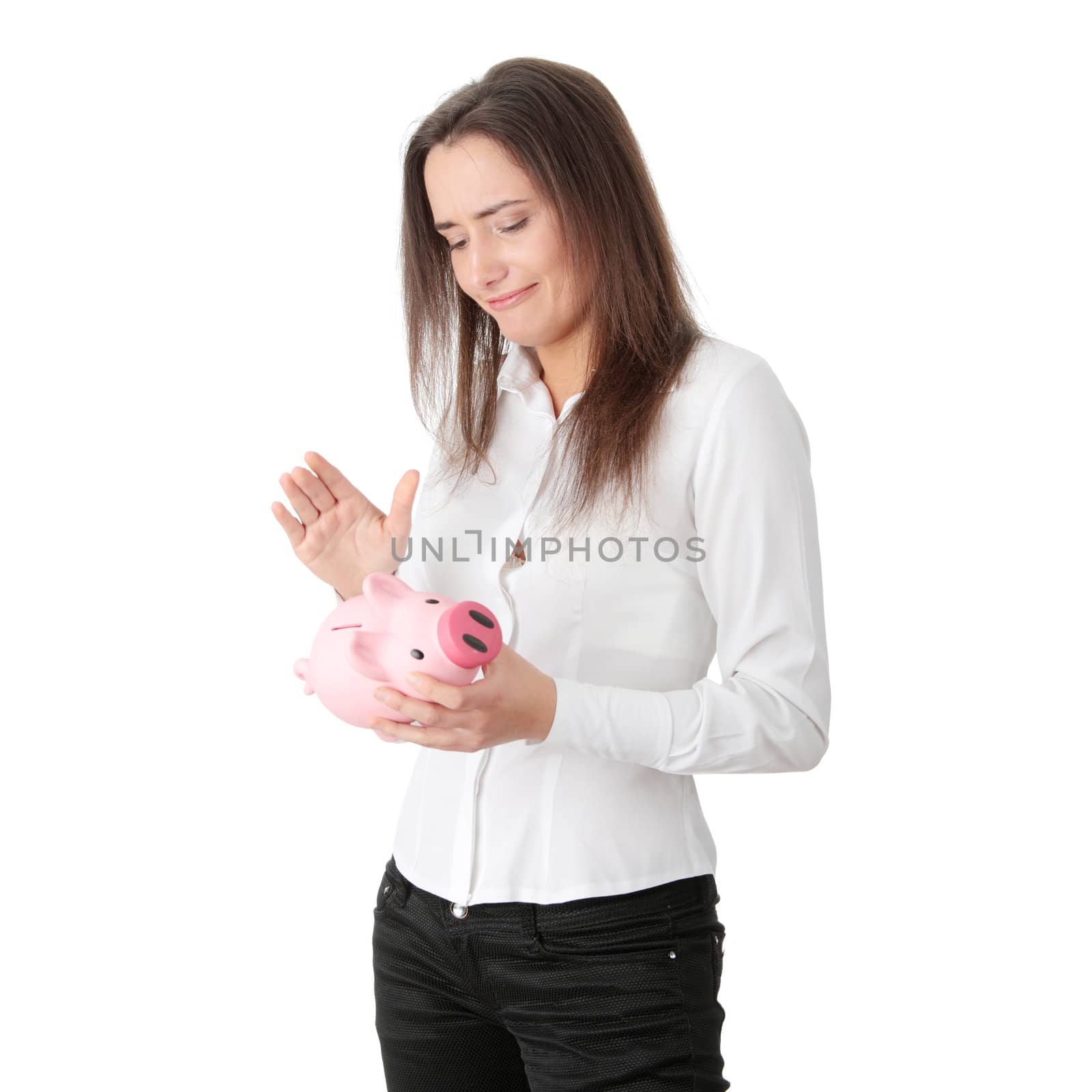 Young beautiful woman standing with piggy bank (money box), isolated on white background