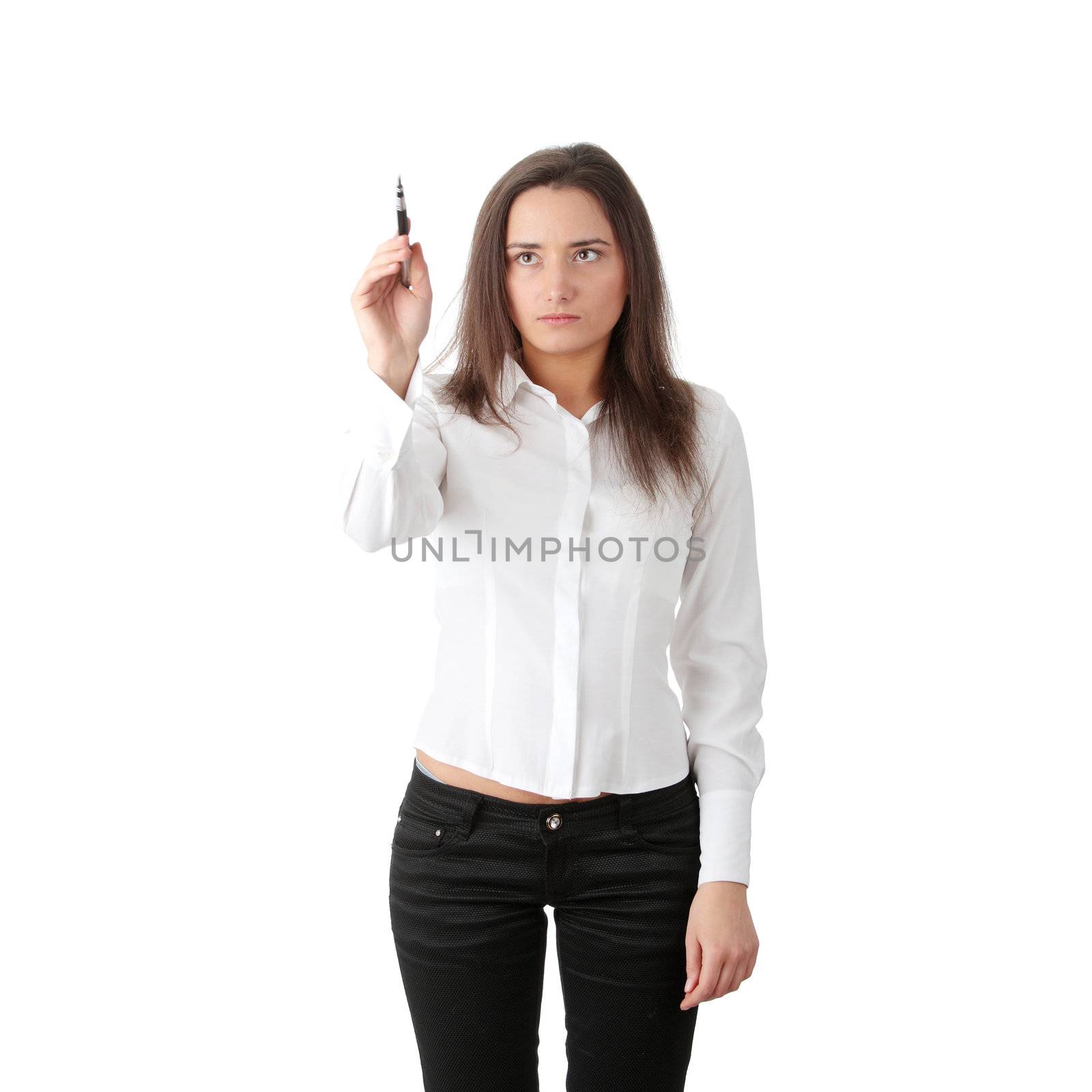 Writing with a pen on abstract screen, isolated on white