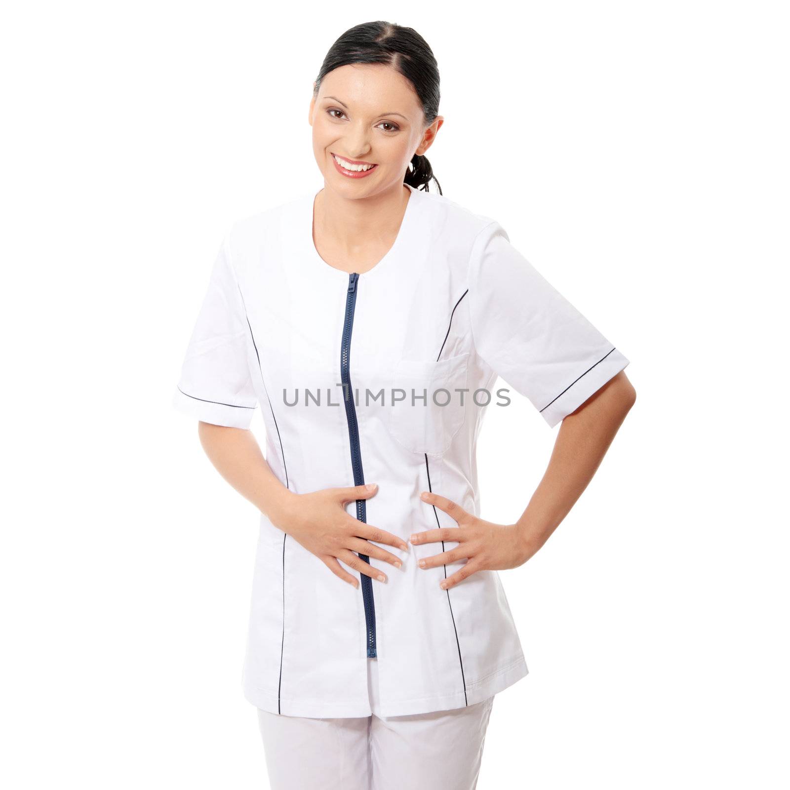 Smiling medical doctor or nurse. Isolated over white background