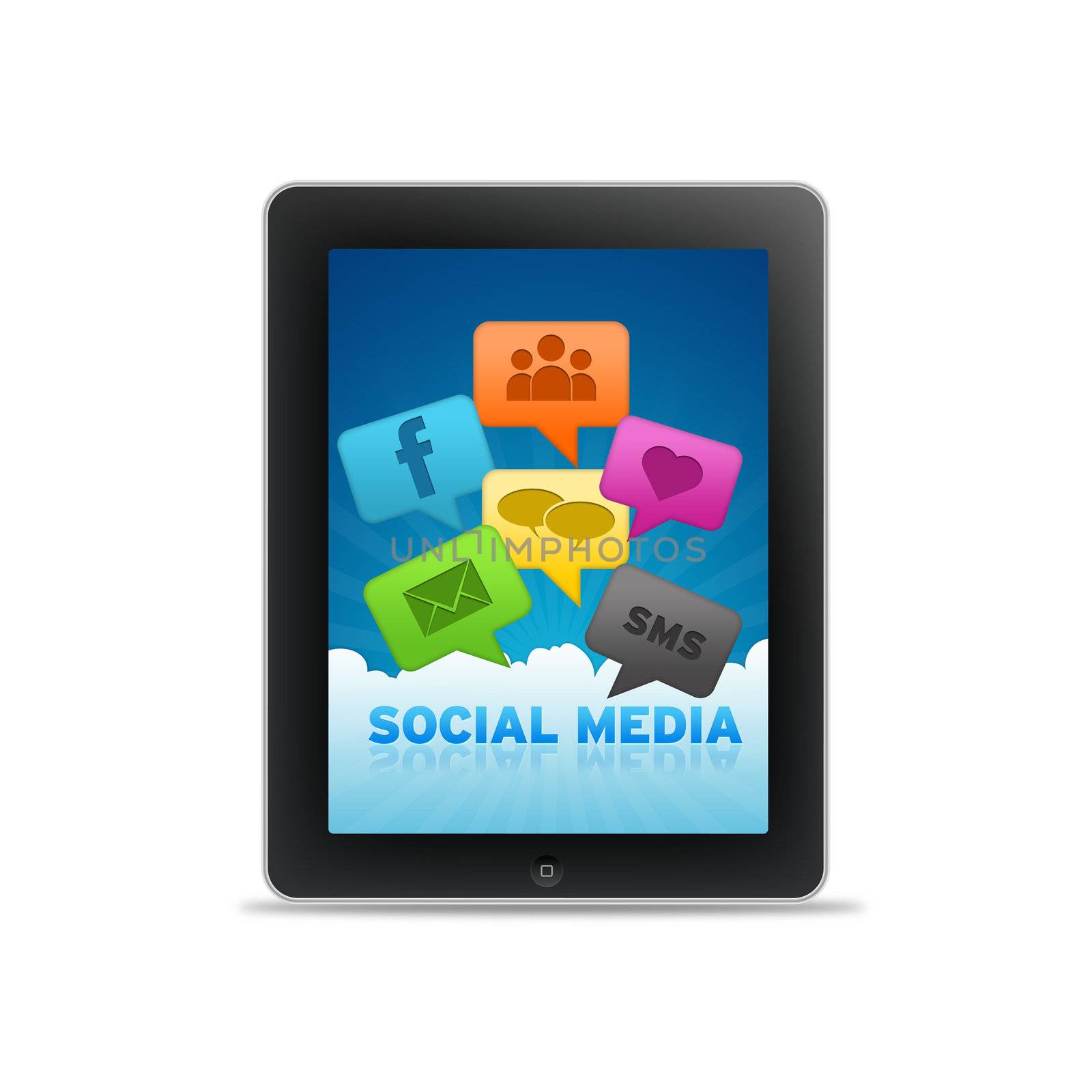 Social Media Tablet PC with Speech Bubbles on white background. 