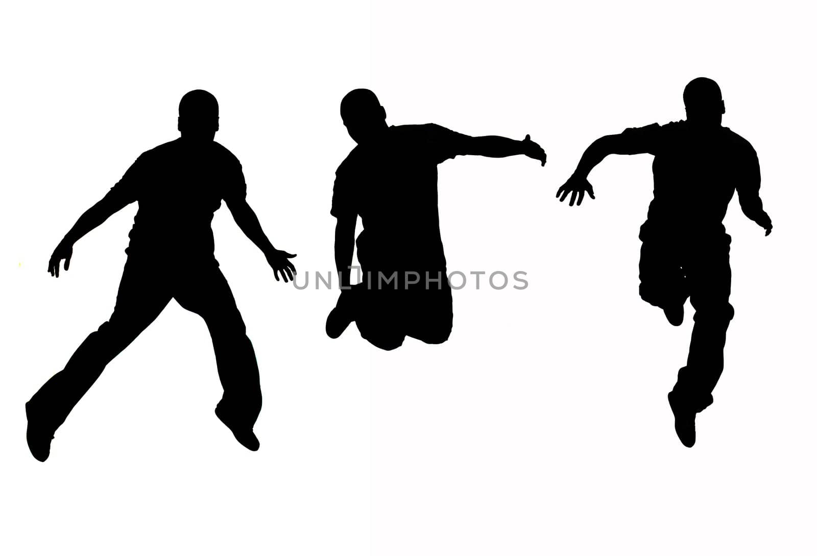 hi con silhouette of young African American man leaping in air isolated on white
