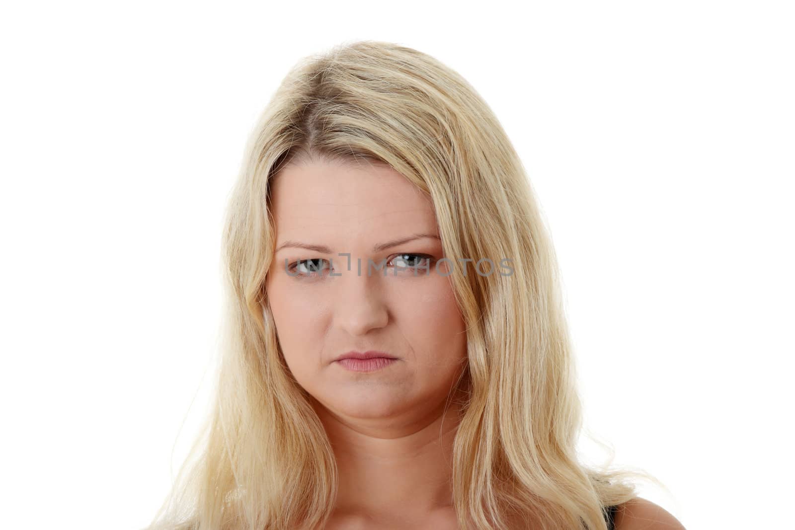 Close-up, portrait of a corpulent woman, isolated on white background