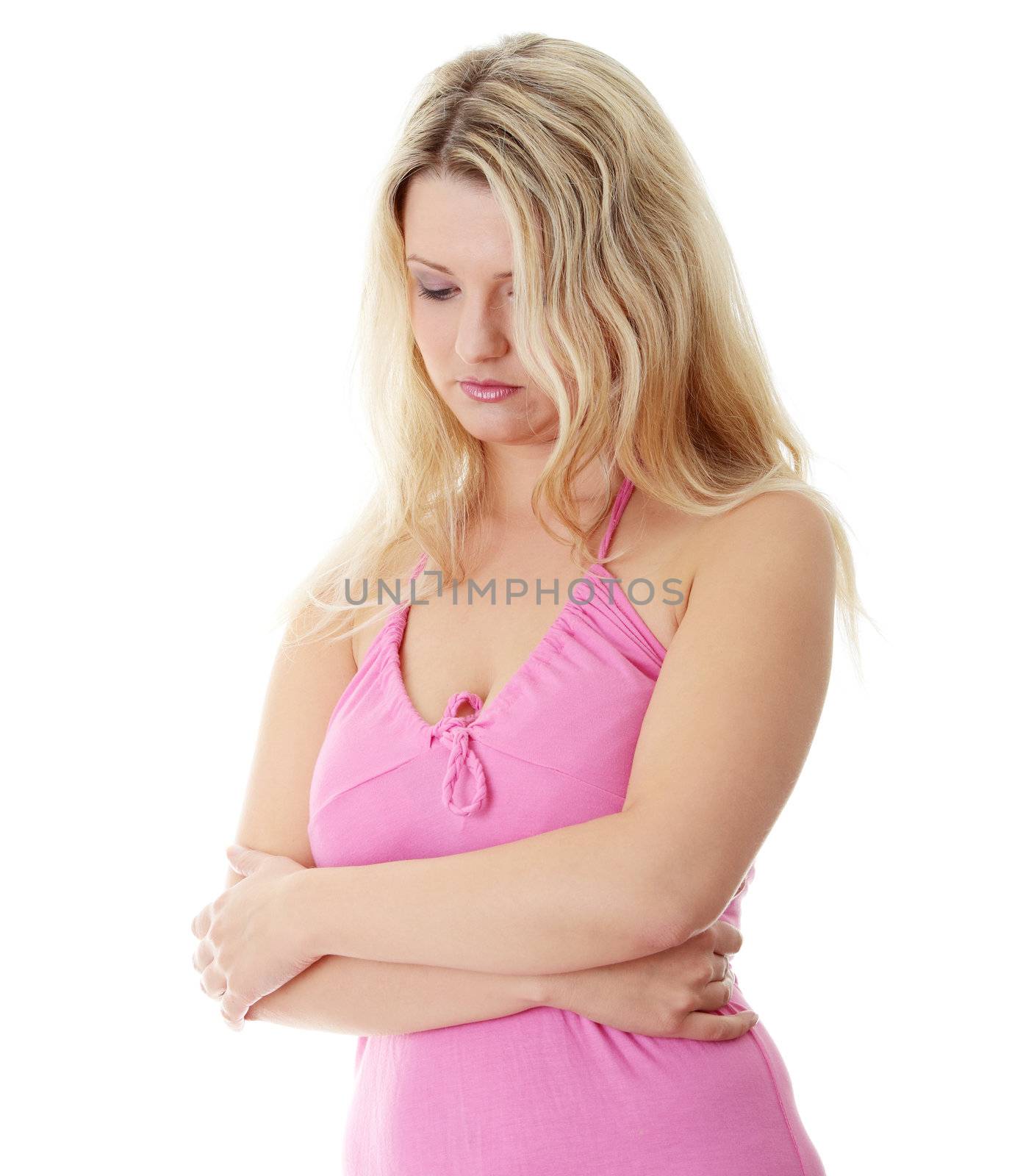 Depressed young caucasian woman, isolated on white