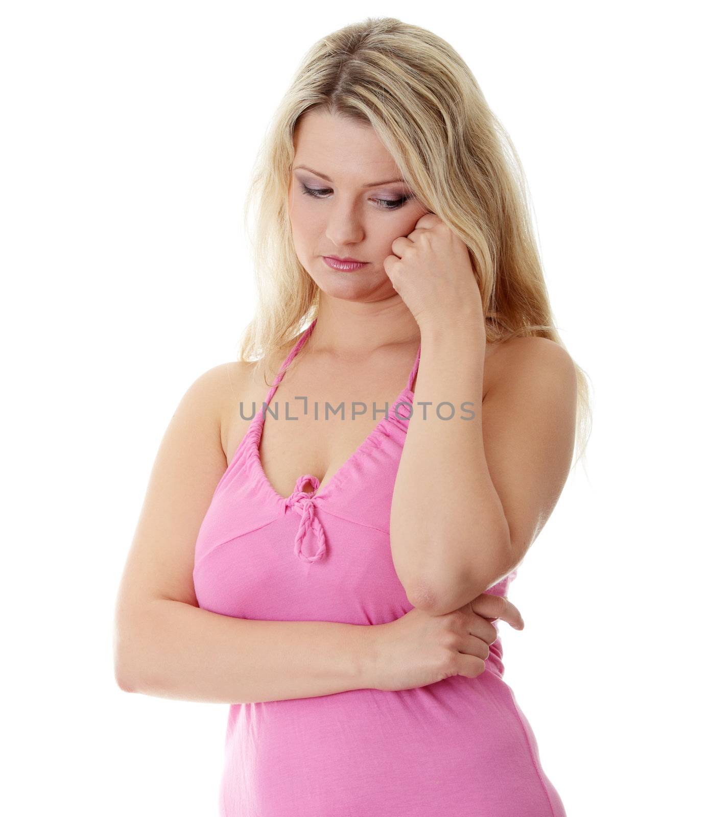 Depressed young caucasian woman, isolated on white