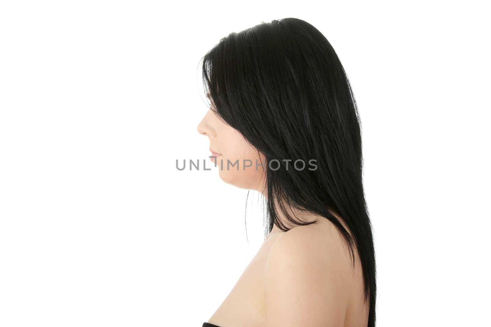 Close-up, portrait of a corpulent woman, isolated on white background