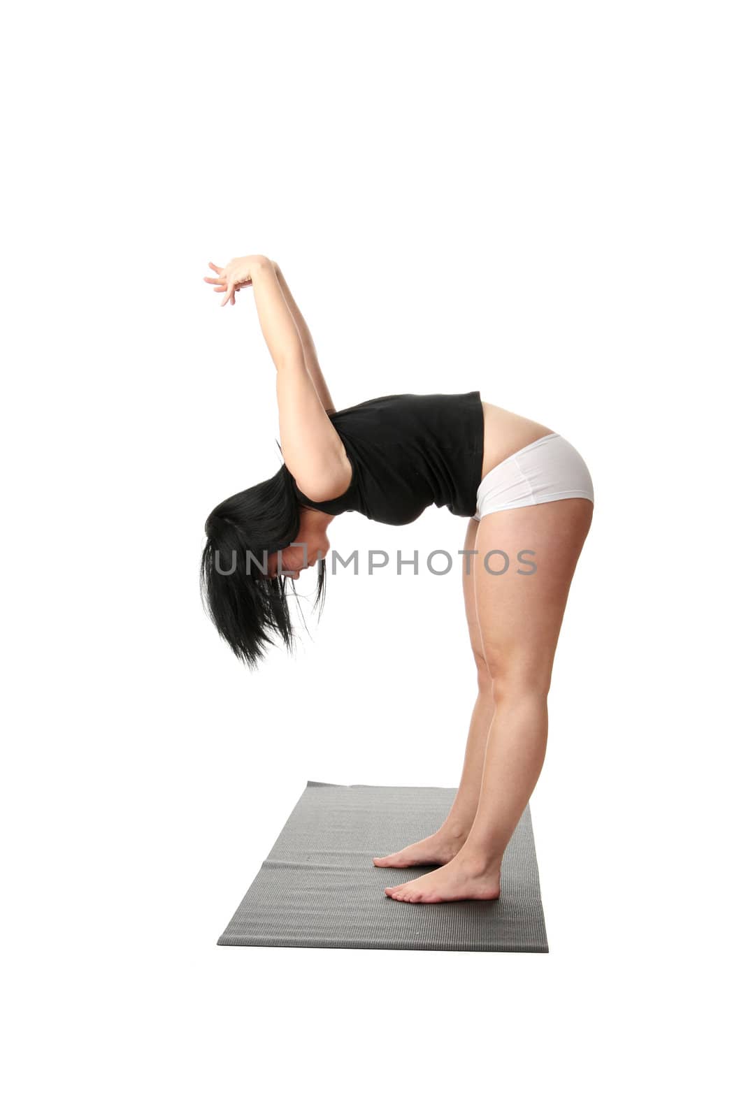 Corpulent woman training yoga, over white background
