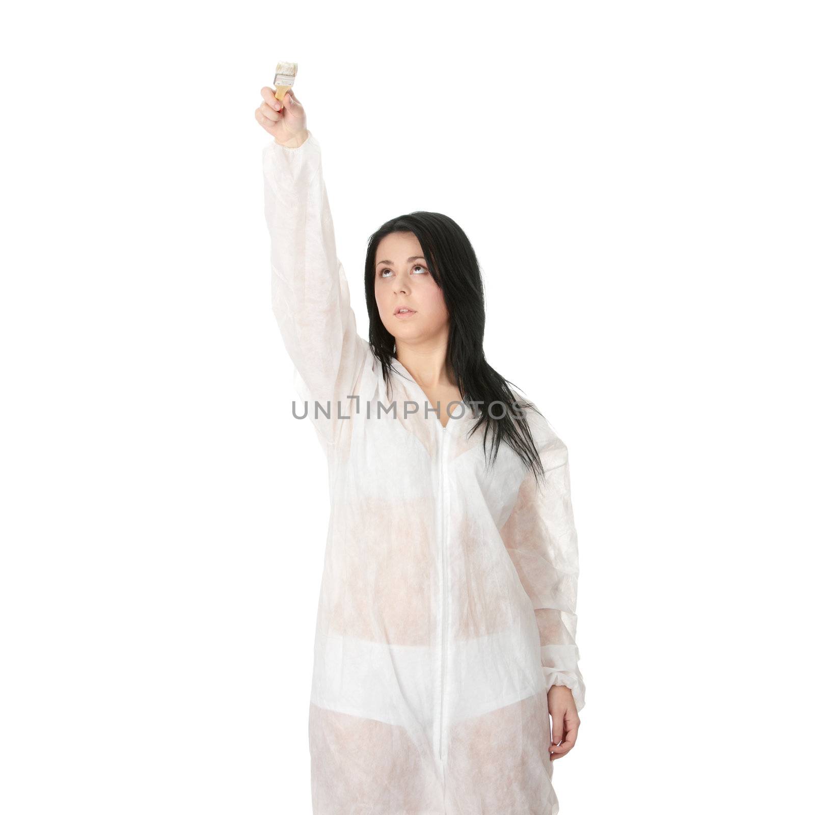Corpulent female painter - isolated over white