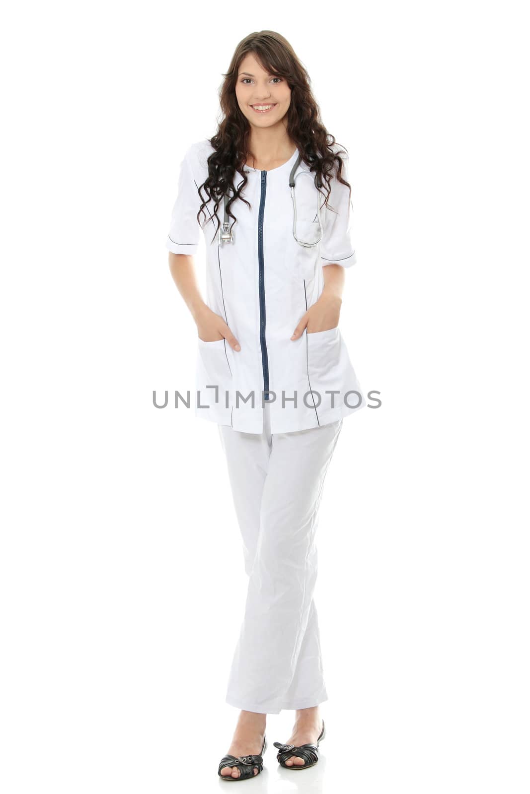 Young female doctor or nurse, isolated on white
