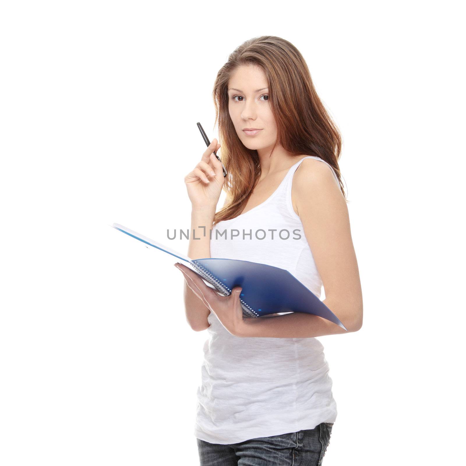 Student woman with note pad and pen isolated on white background
