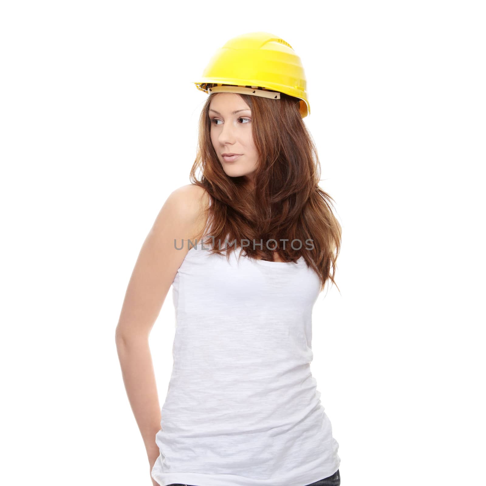 Engineer woman in yellow helmet isolated on white background