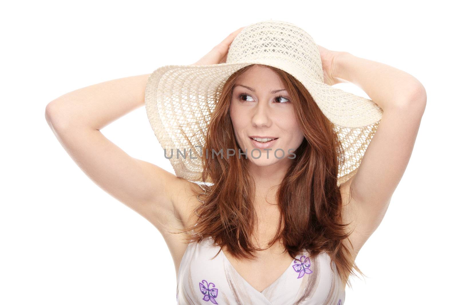 Beautiful young summer woman in hat, isolated on white background