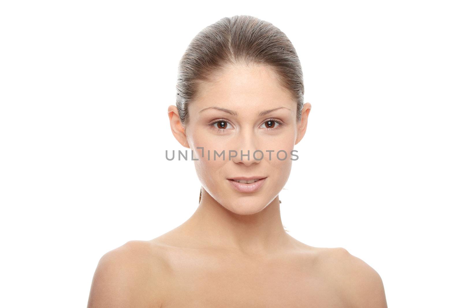Close-up of beautiful woman face, over white background