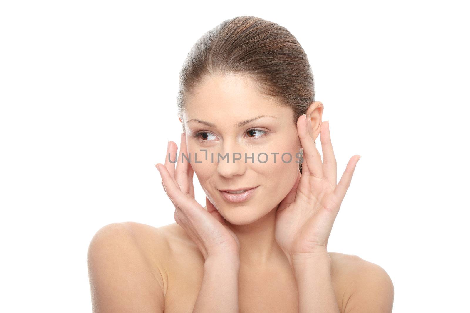 Close-up of beautiful woman face, over white background
