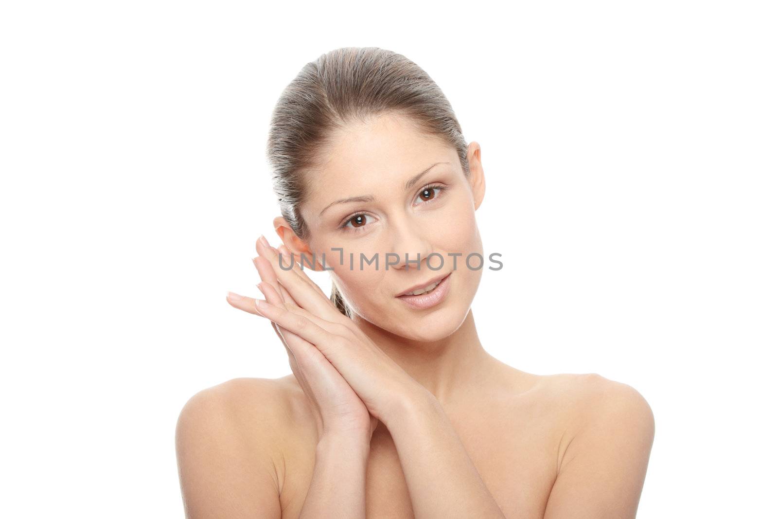 Close-up of beautiful woman face, over white background