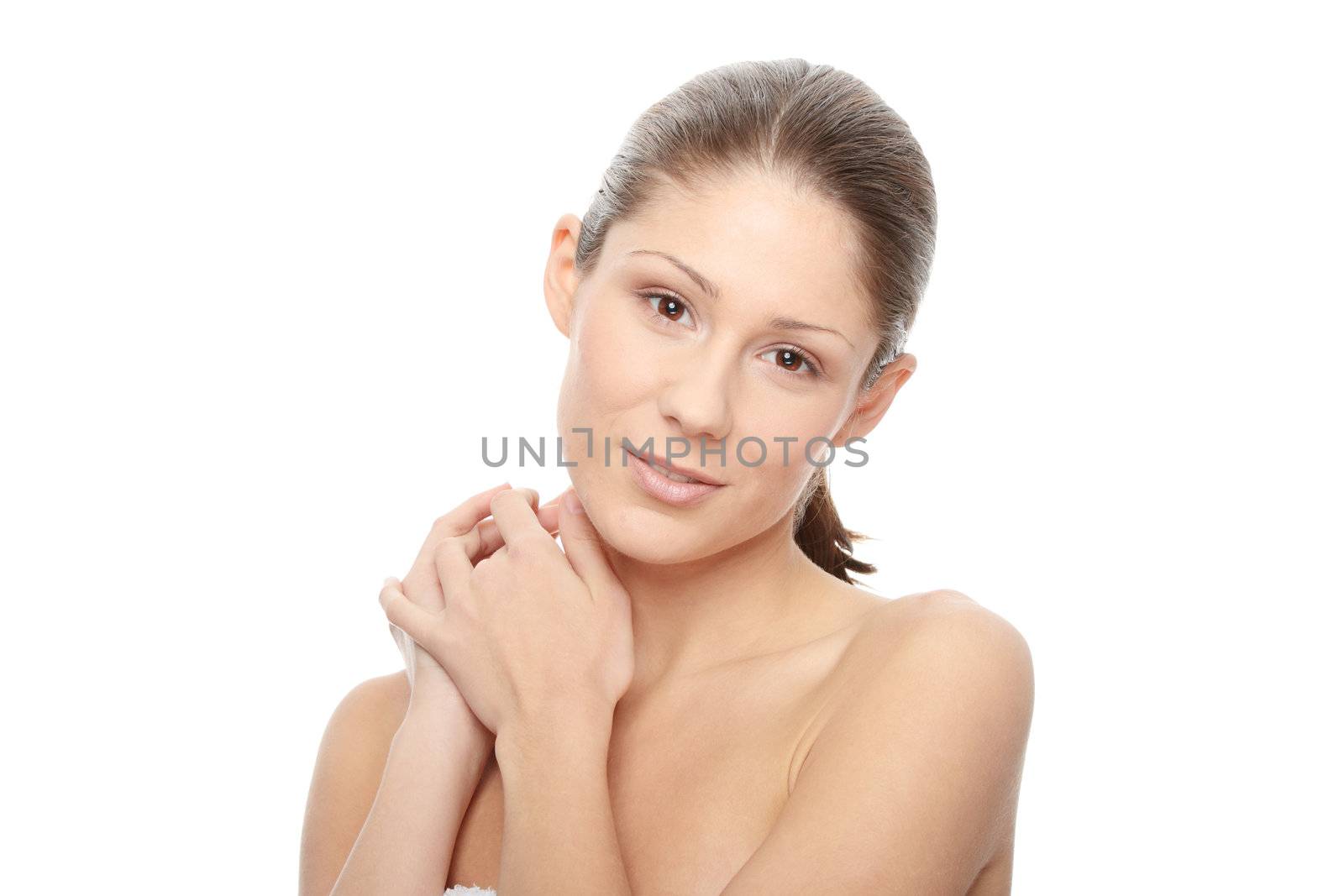 Close-up of beautiful woman face, over white background