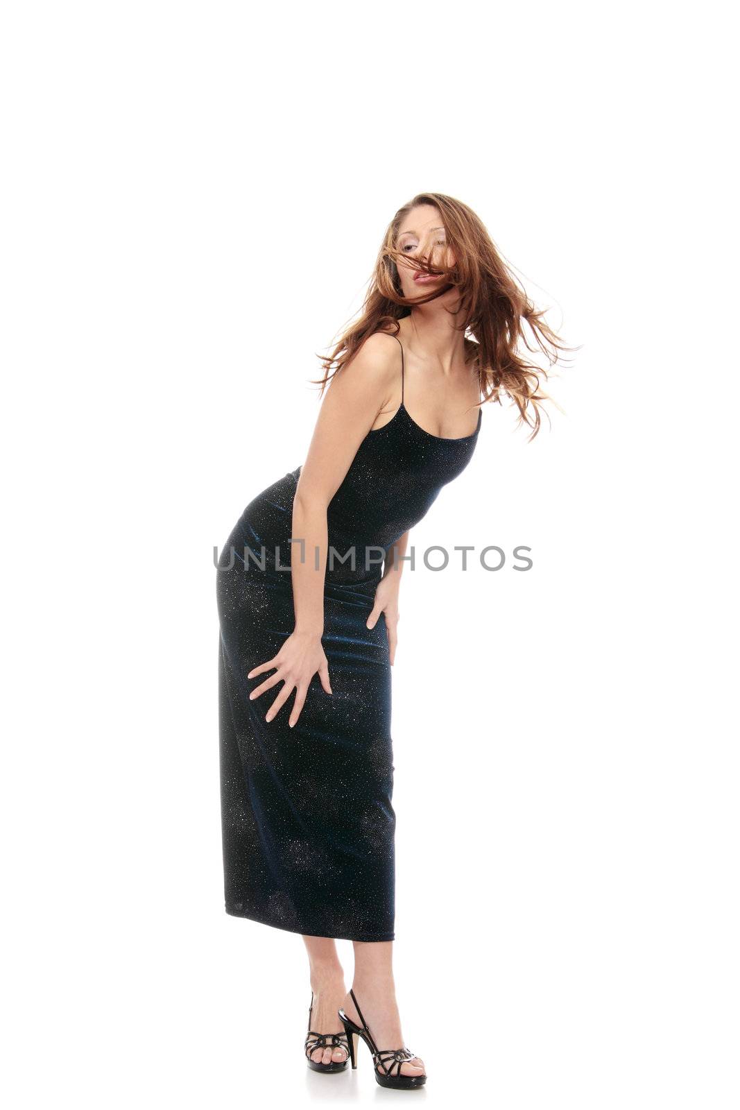 Beautiful girl in blue dress over white background