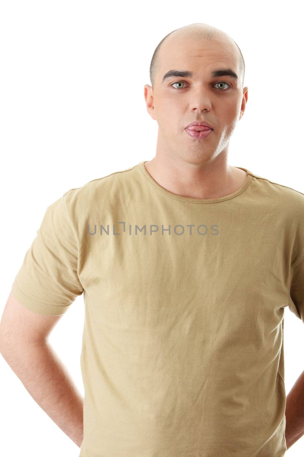 Man with funny facial expression isolated