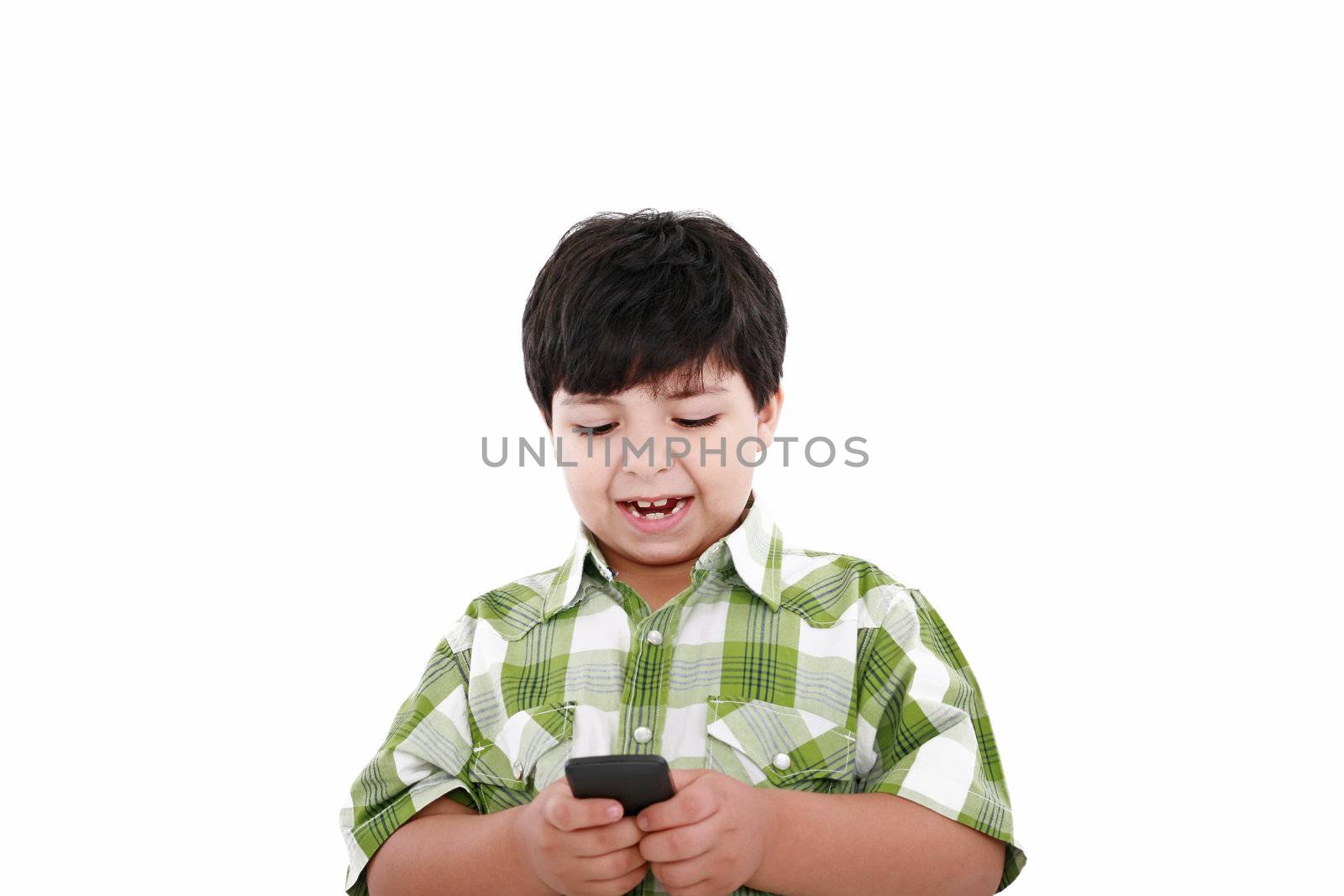 Boy text messaging isolated over white by dacasdo