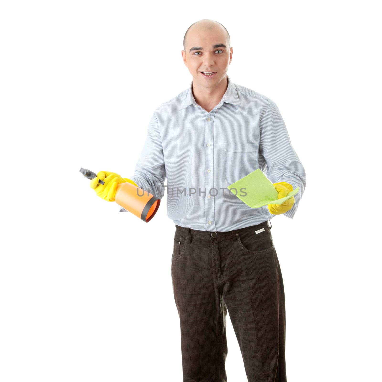 Businessman holding a cleaning accessories (isolated on white)