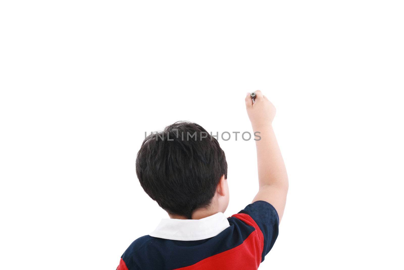 Adorable boy writing on a over white background by dacasdo