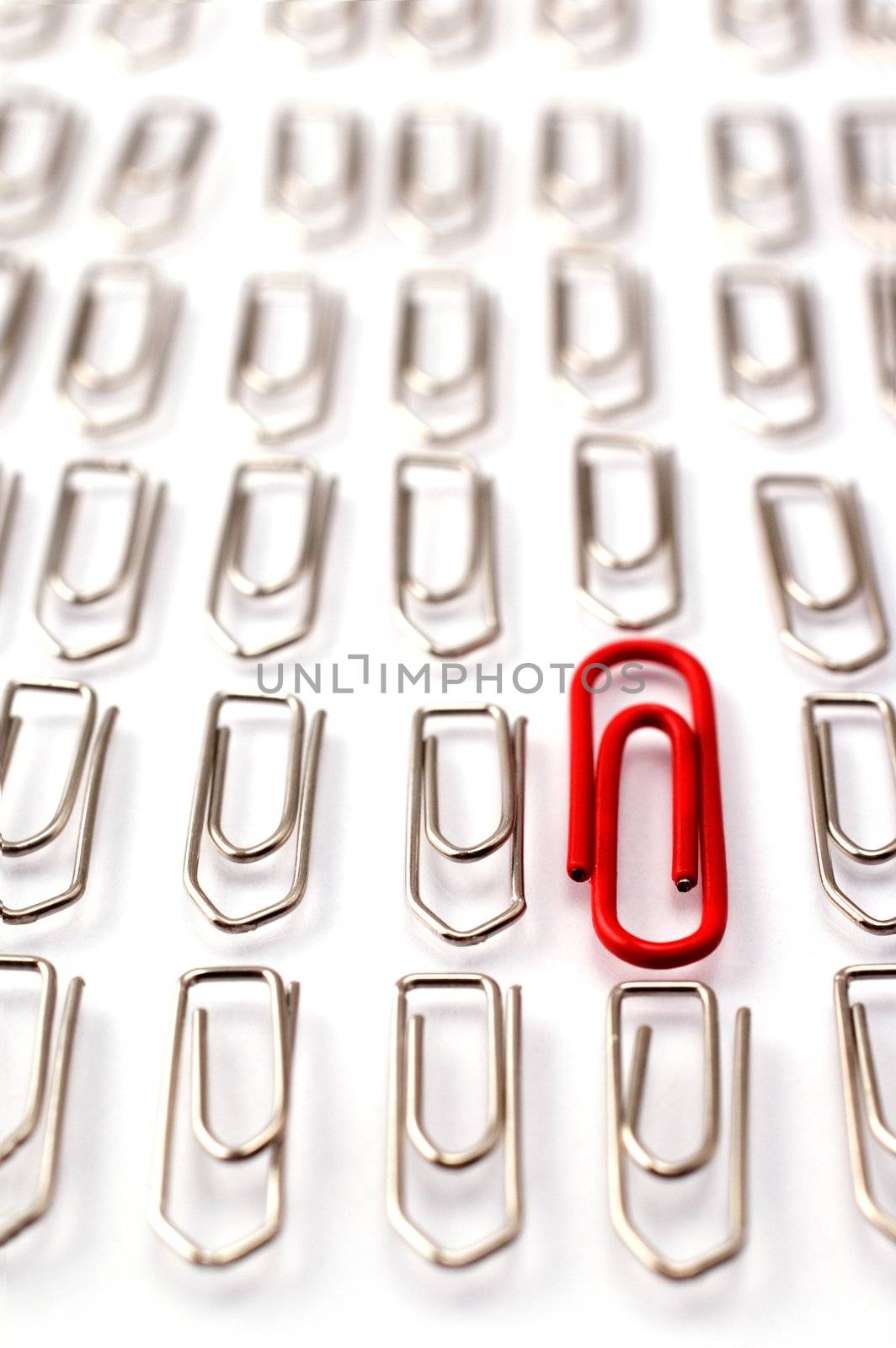 Red paper clip among rows of metal paper clips