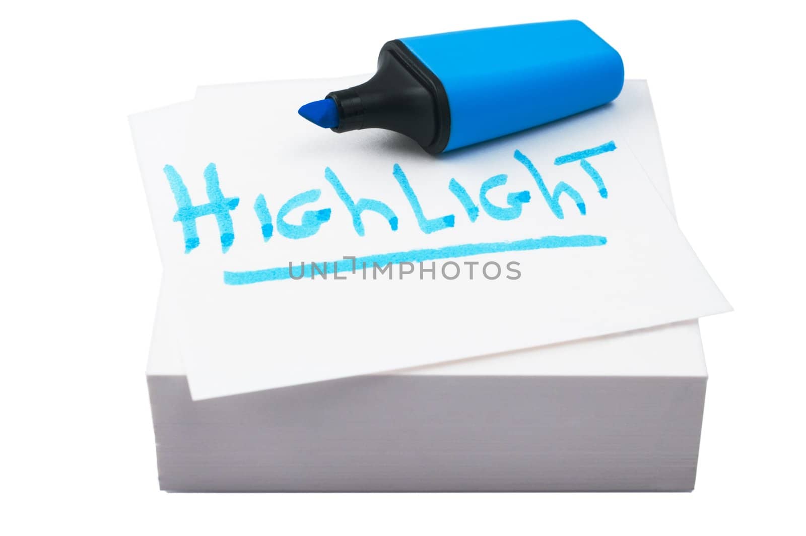 Blue highlighter on a stack of post-it notes with word 'highlight' - isolated on white