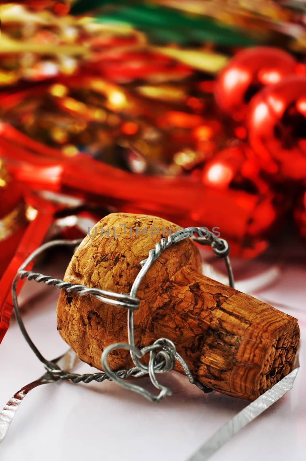 Champagne cork with decorations and shallow dof