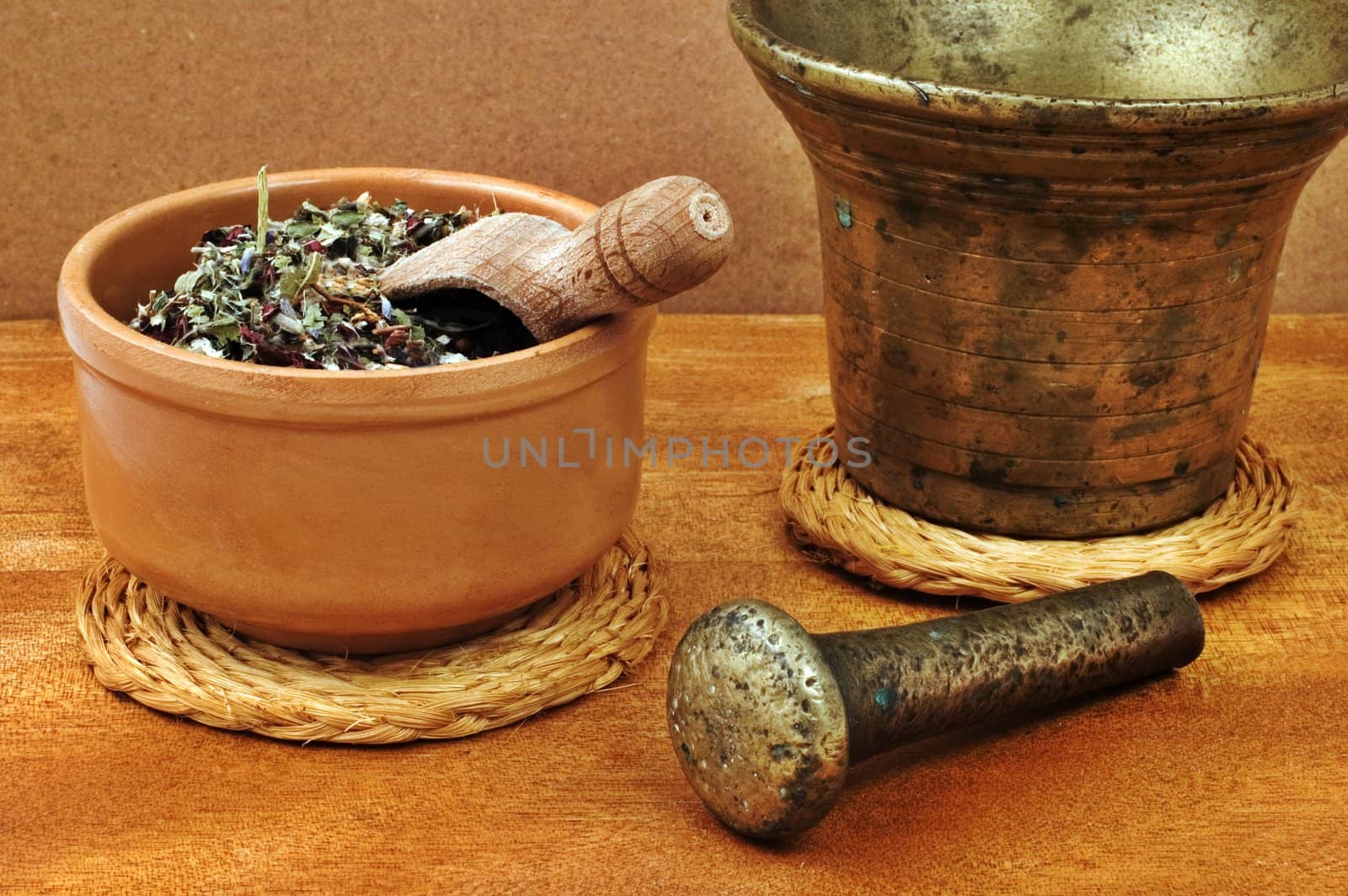 Mortar and bowl with herbs 