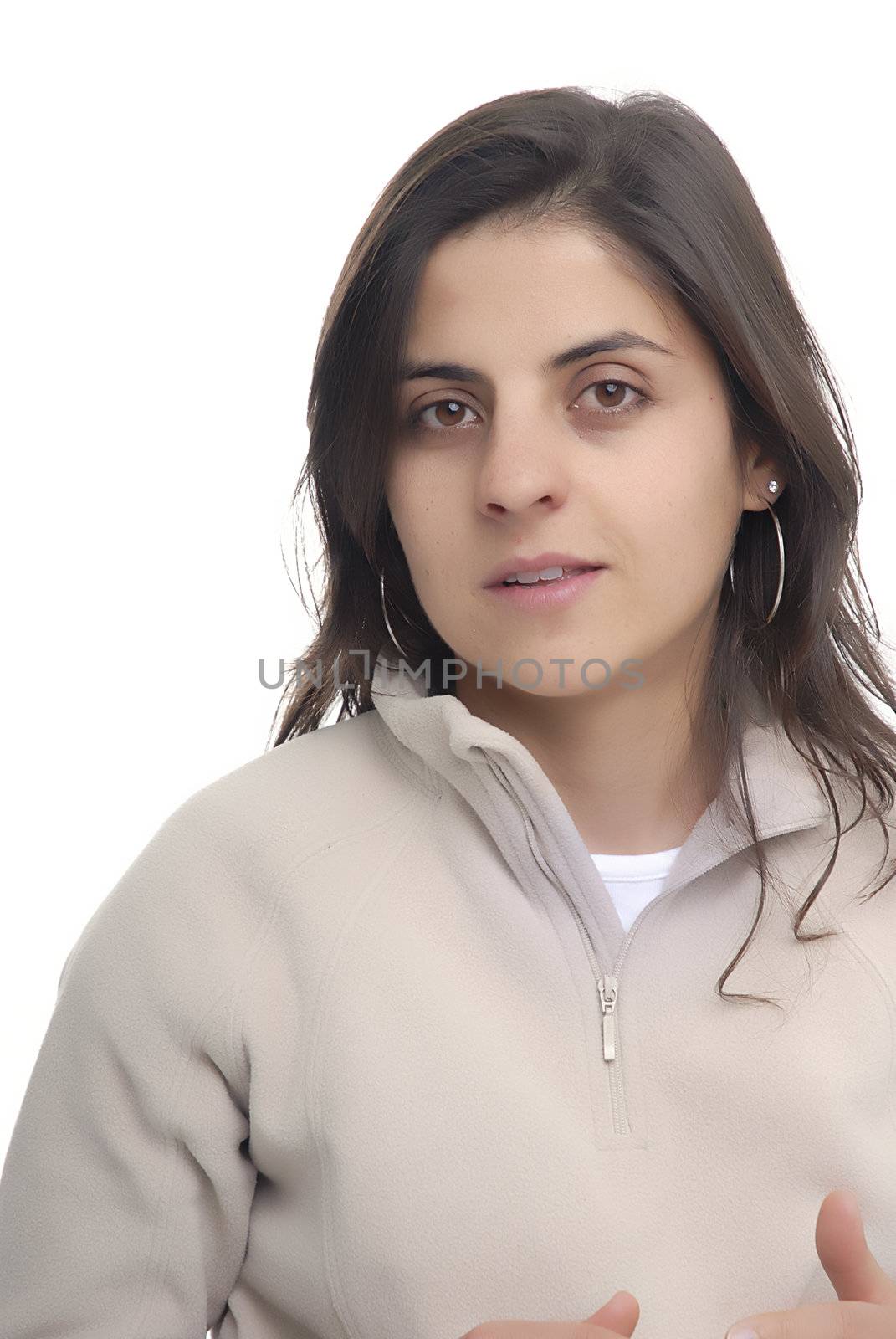 young casual woman portrait in a white background