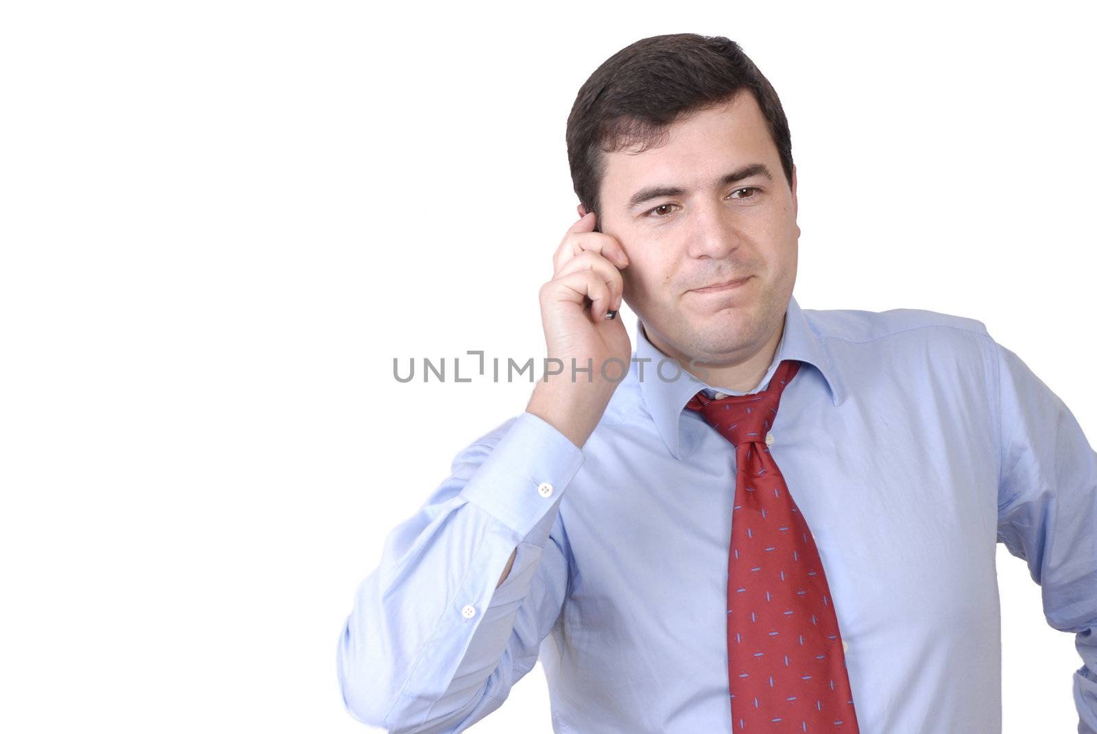 young man on the phone in white background