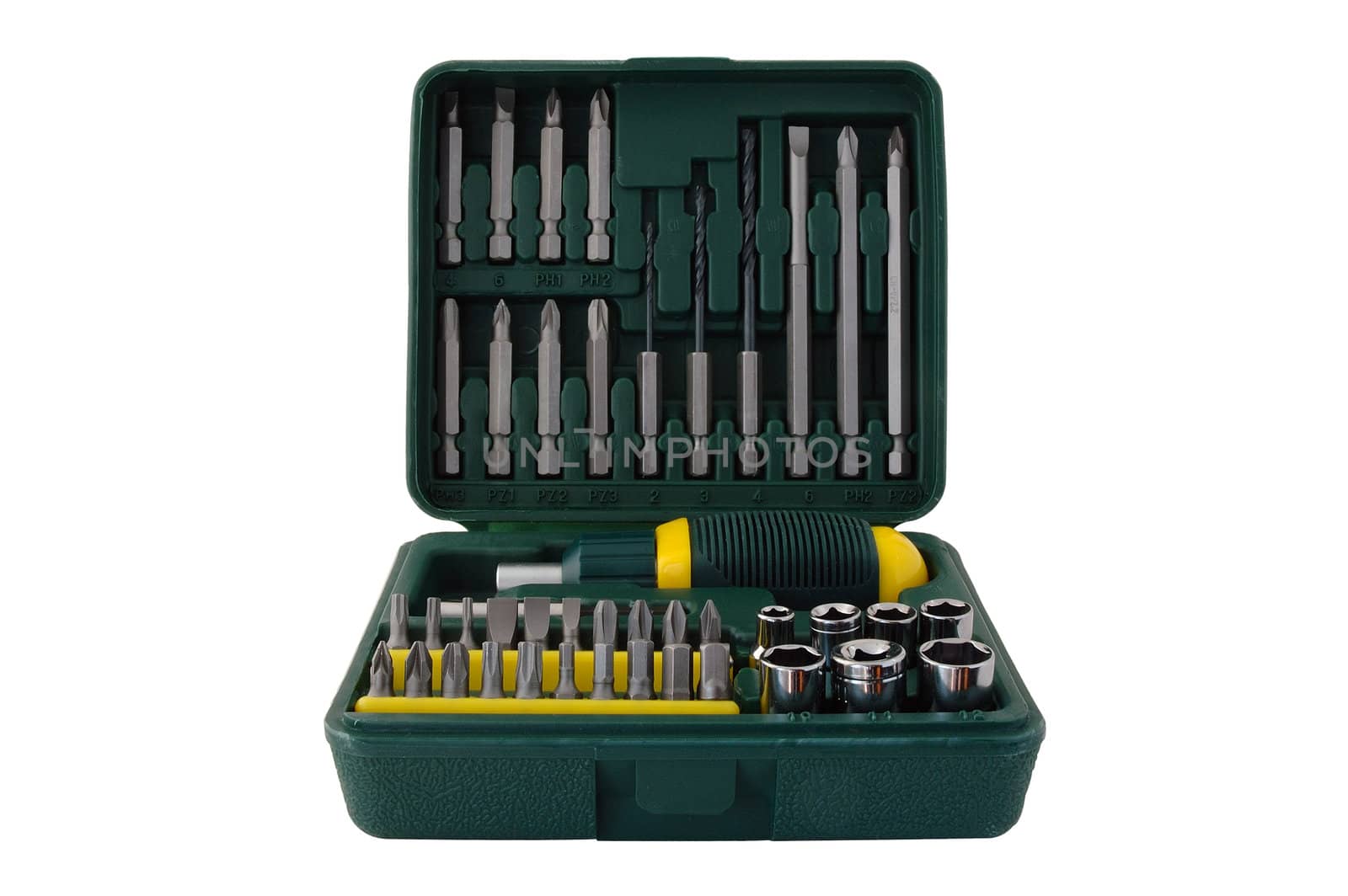 Tool kit. Plastic box with different screwdrivers.