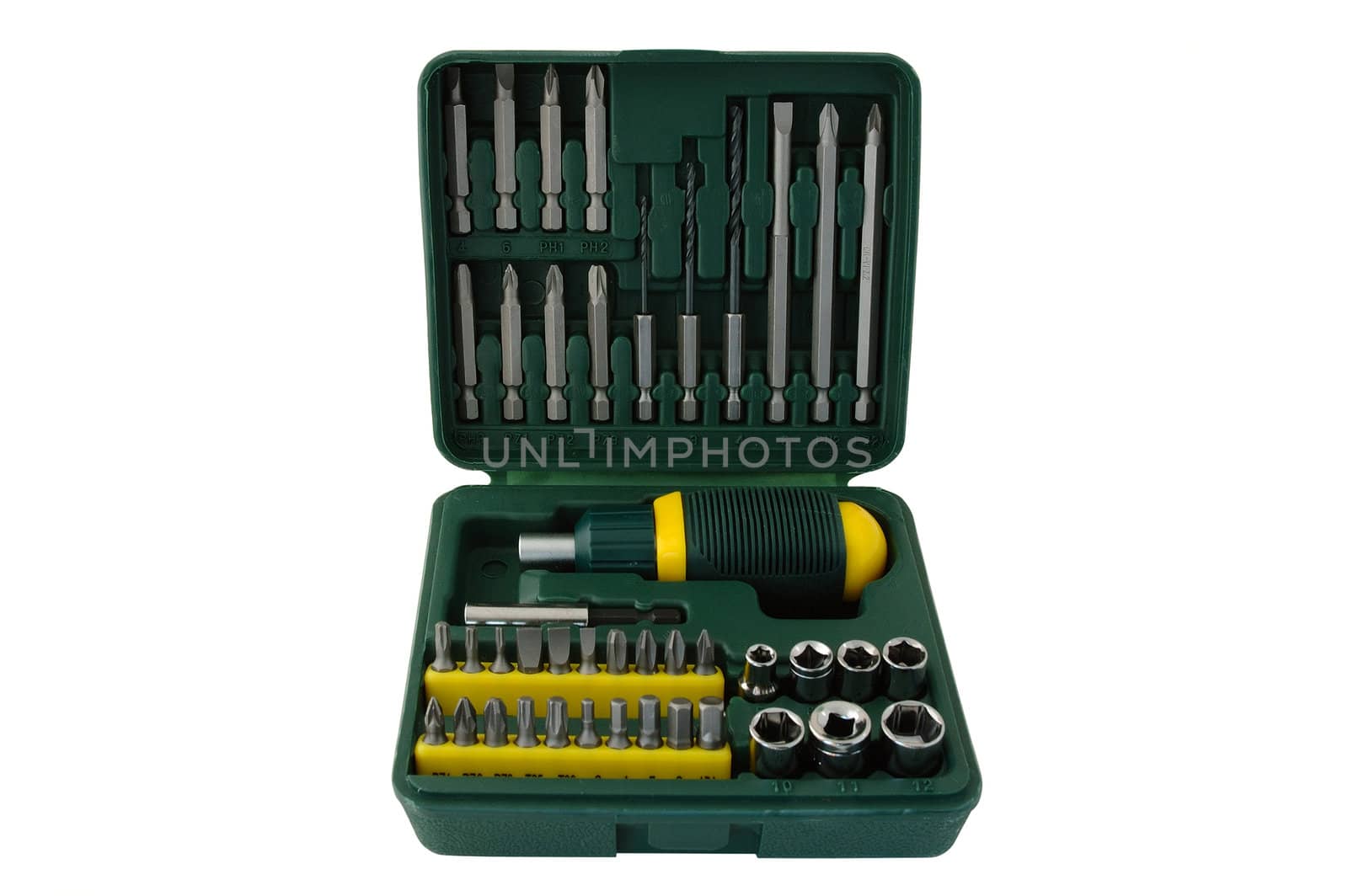 Tool kit. Plastic box with different screwdrivers.