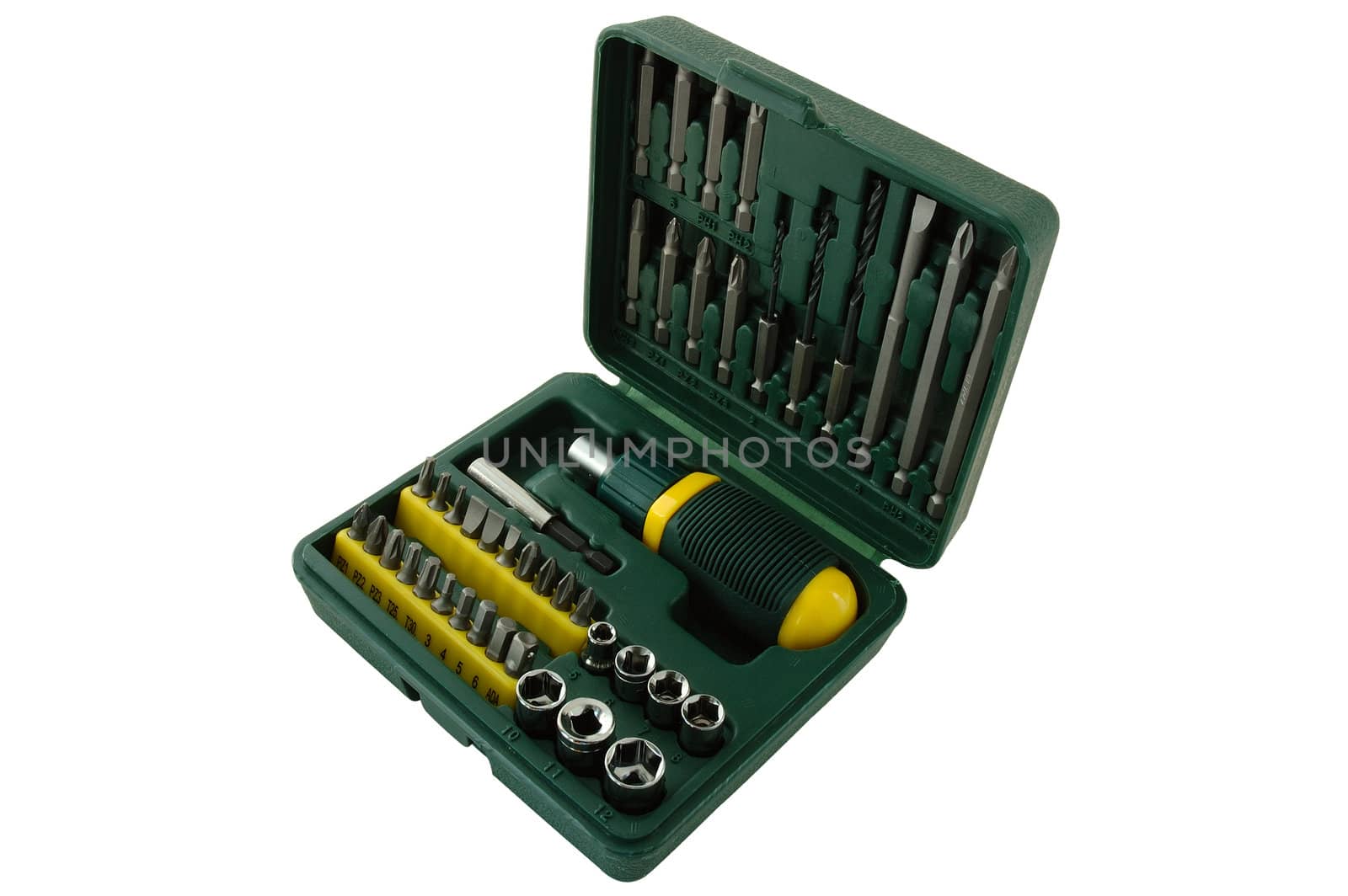 Tool kit. Plastic box with different screwdrivers.