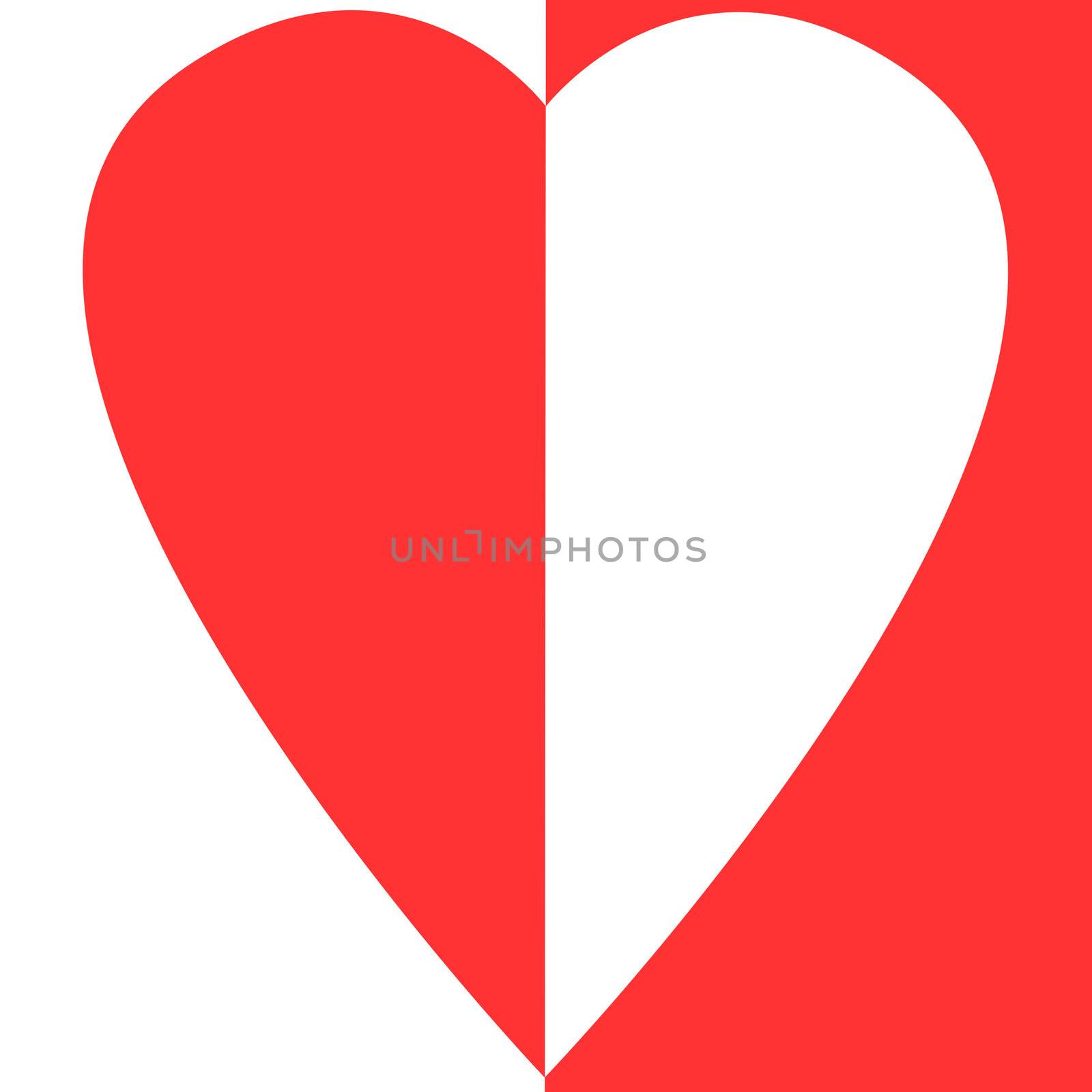 bisected red and white heart on bisected white and red background 