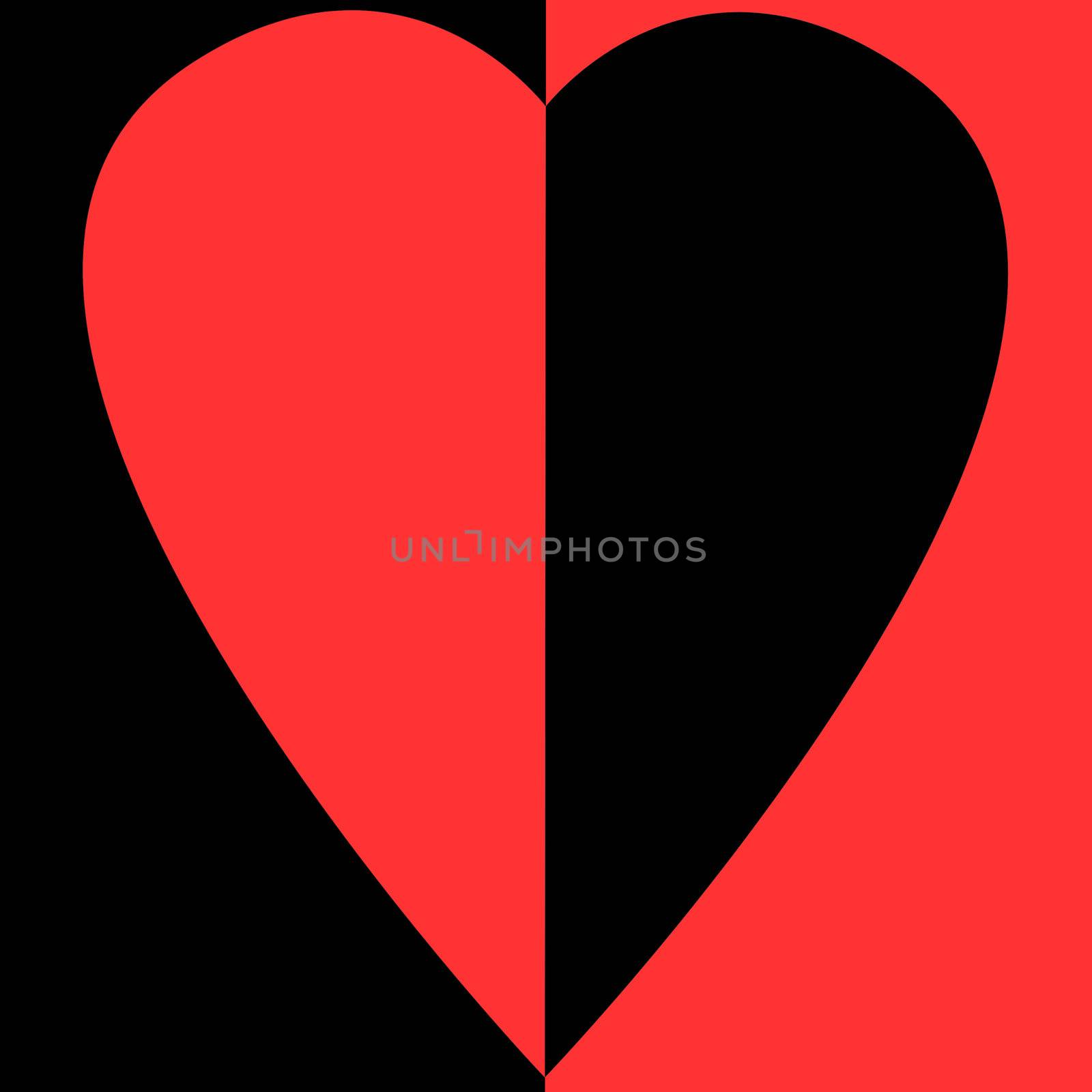 bisected red and black heart on bisected white and red background 