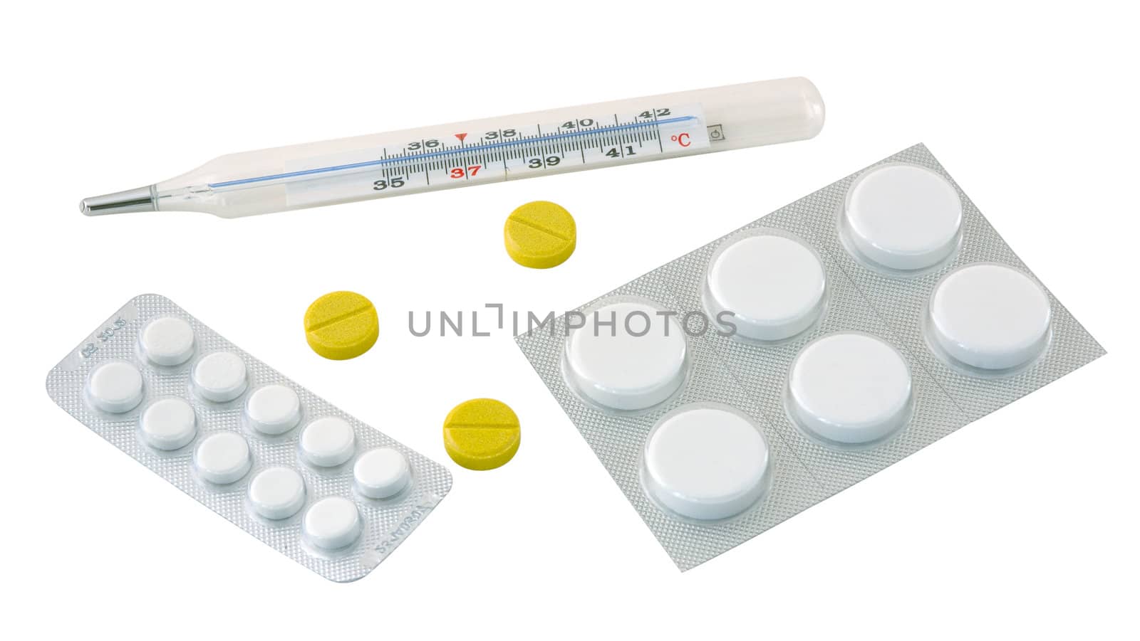 Glass mercuric thermometer and few different pills.